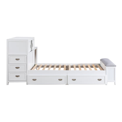 B2024WHBC-1* (2) Twin Bookcase Bed with Hidden Desk, Stool and Storage Bench - B2024WHBC-1*