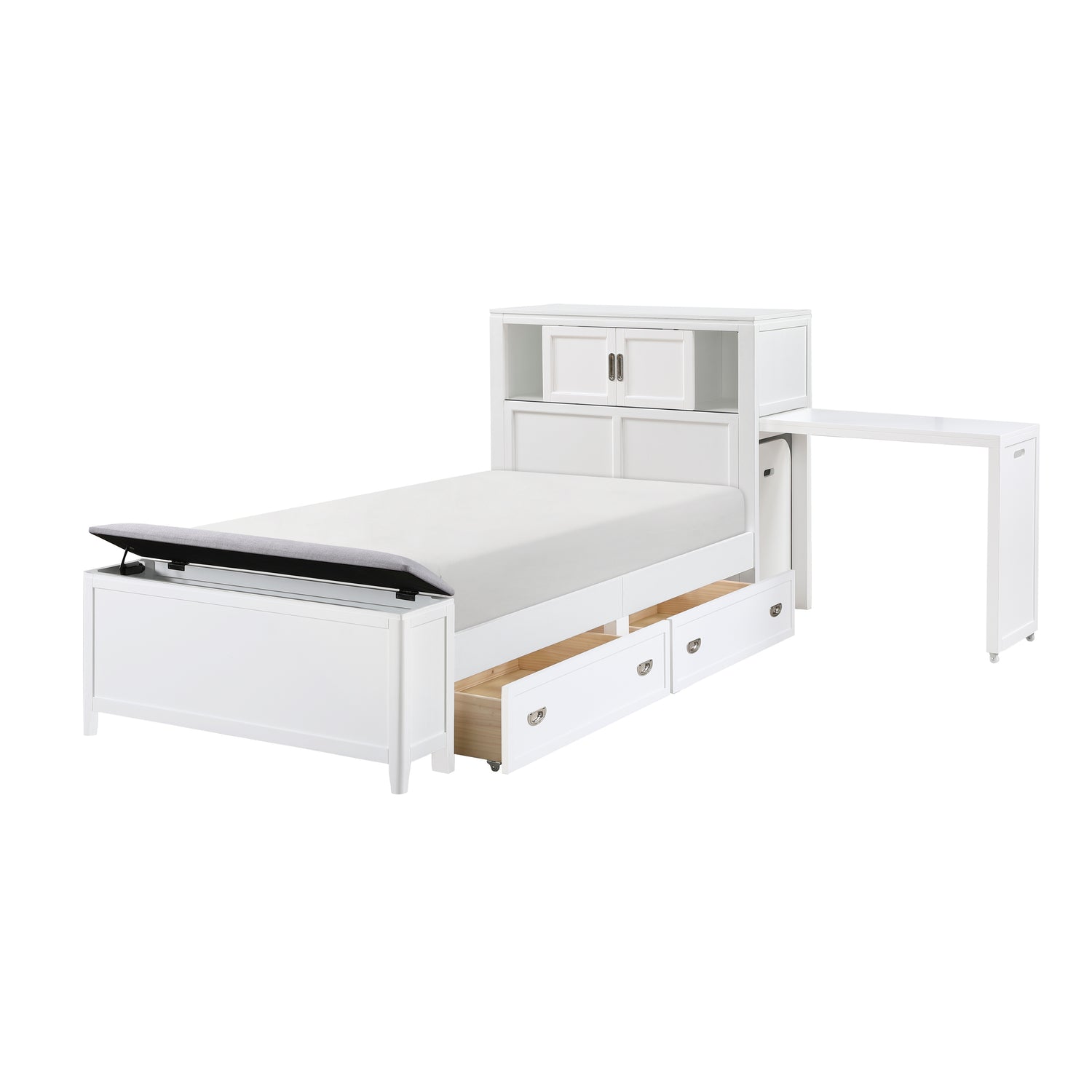B2024WHBC-1* (2) Twin Bookcase Bed with Hidden Desk, Stool and Storage Bench - B2024WHBC-1*