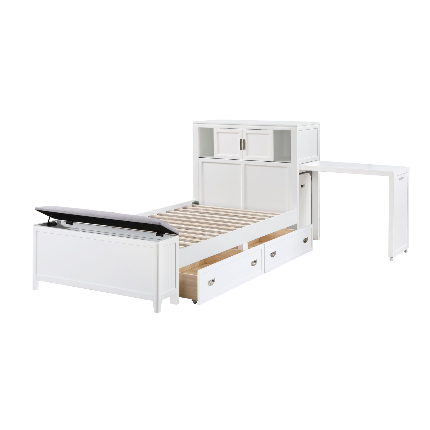 B2024WHBC-1* (2) Twin Bookcase Bed with Hidden Desk, Stool and Storage Bench - B2024WHBC-1*