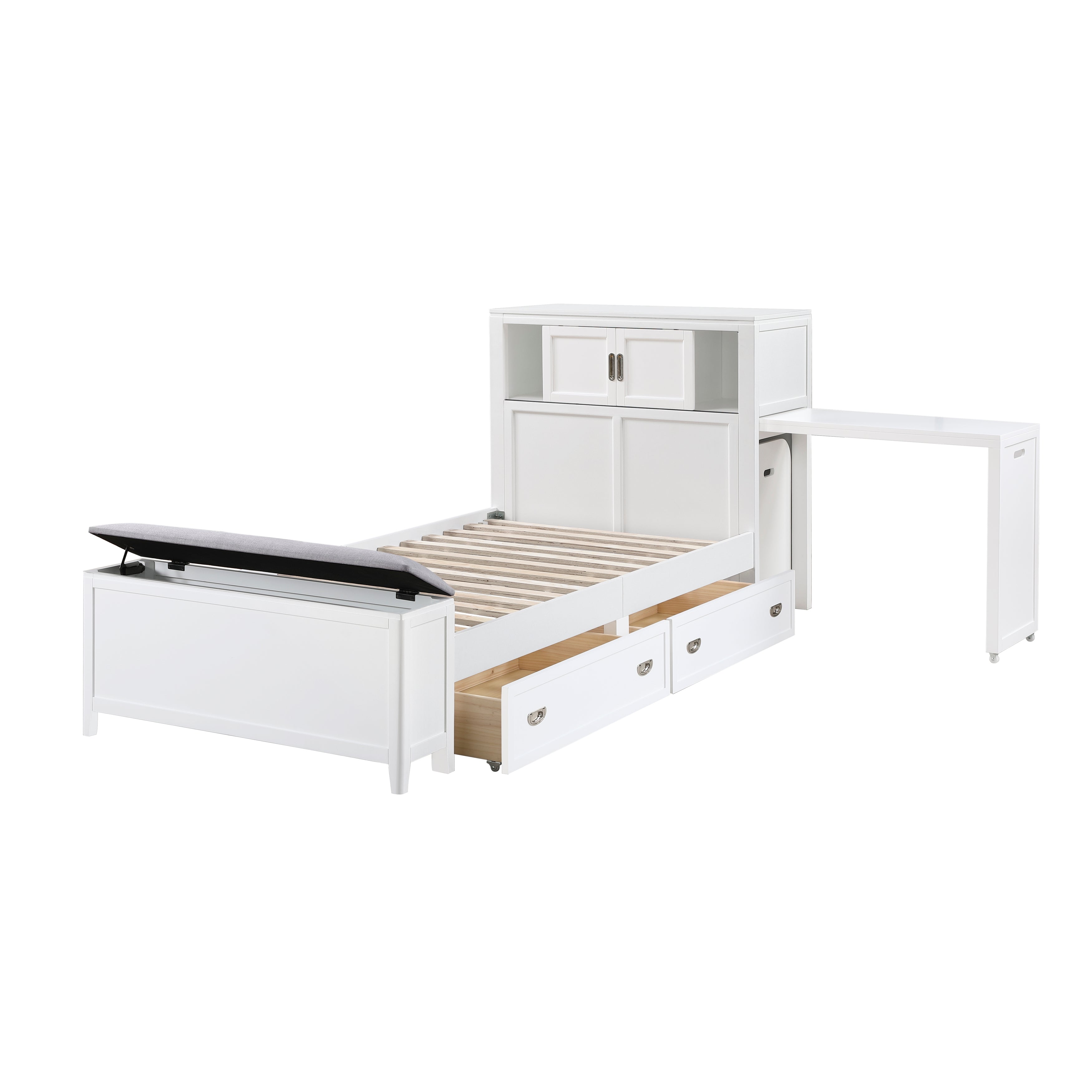 B2024WHBC-1* (2) Twin Bookcase Bed with Hidden Desk, Stool and Storage Bench - B2024WHBC-1*