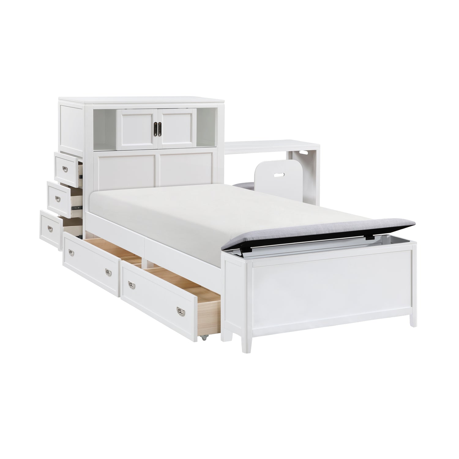 B2024WHBC-1* (2) Twin Bookcase Bed with Hidden Desk, Stool and Storage Bench - B2024WHBC-1*