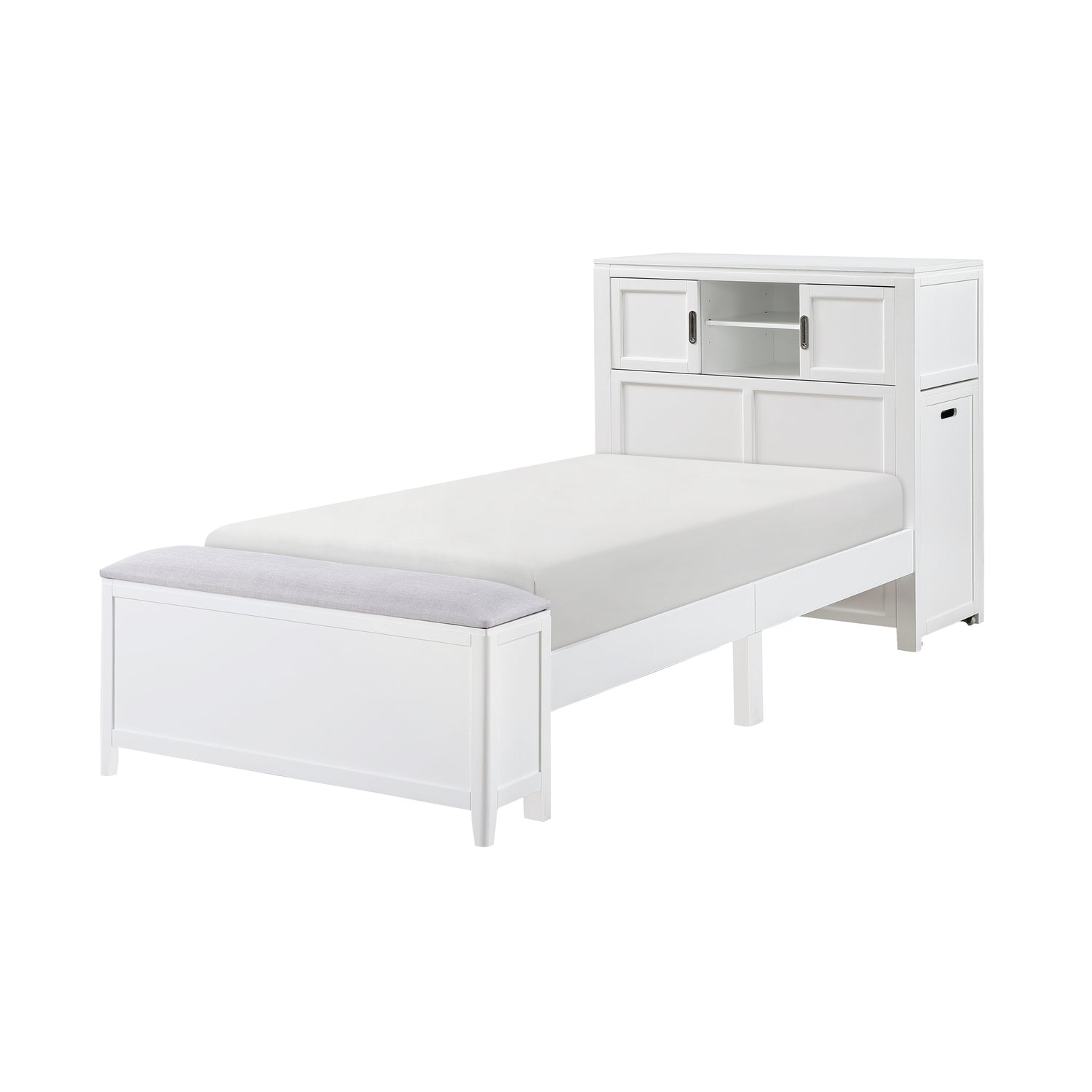 B2024WHBC-1* (2) Twin Bookcase Bed with Hidden Desk, Stool and Storage Bench - B2024WHBC-1*