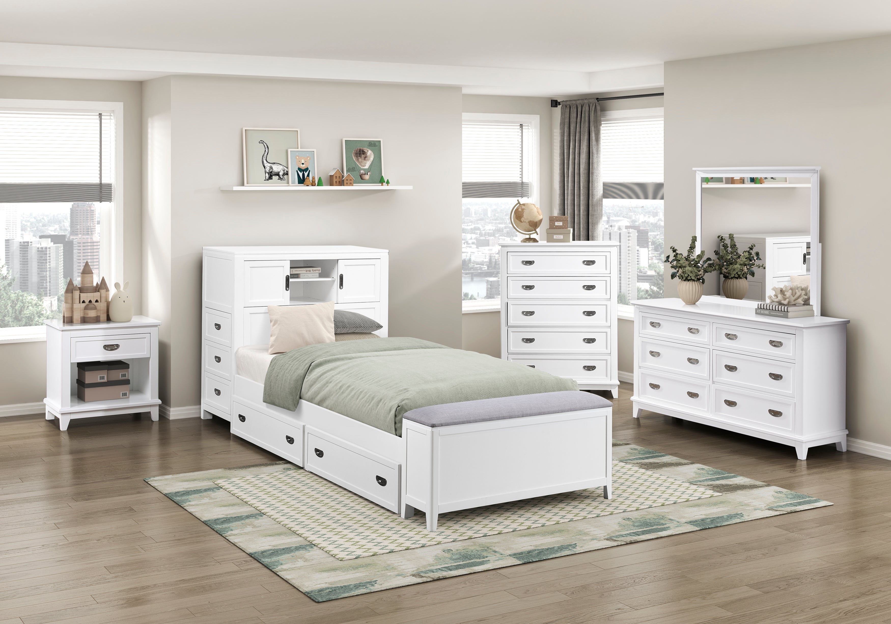 B2024WHBC-1* (2) Twin Bookcase Bed with Hidden Desk, Stool and Storage Bench - B2024WHBC-1*