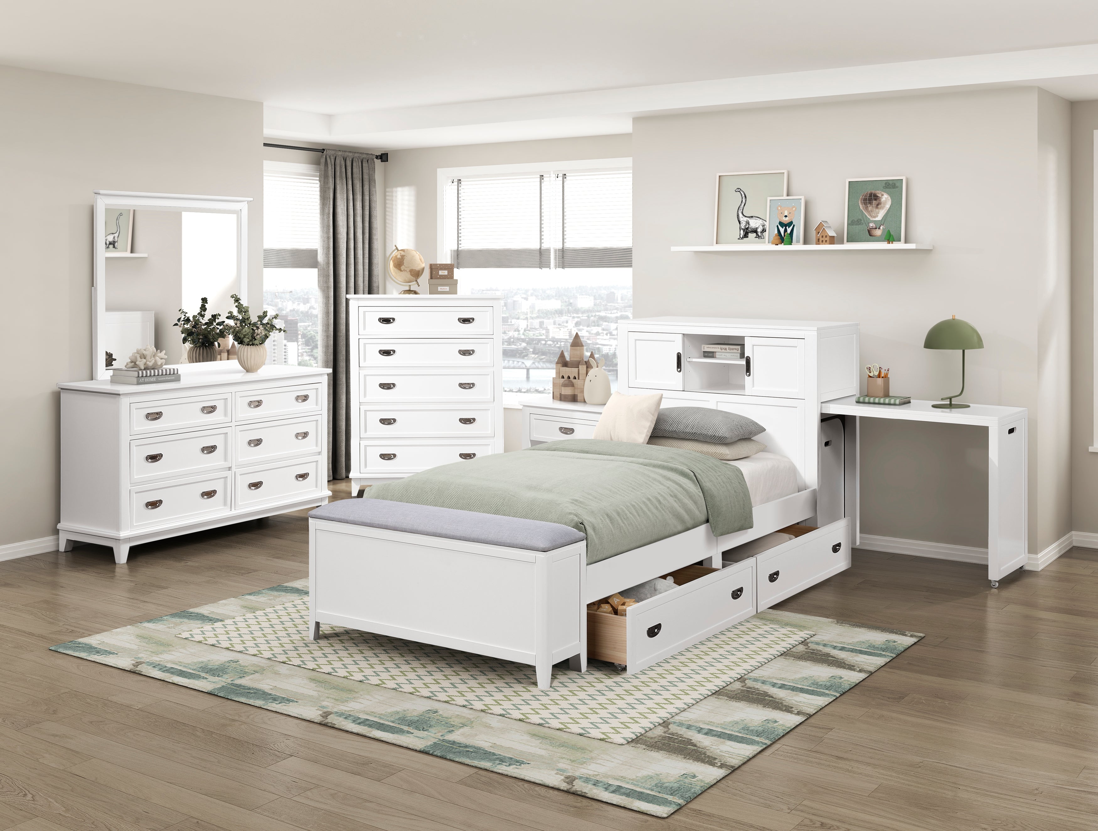 B2024WHBC-1* (2) Twin Bookcase Bed with Hidden Desk, Stool and Storage Bench - B2024WHBC-1*