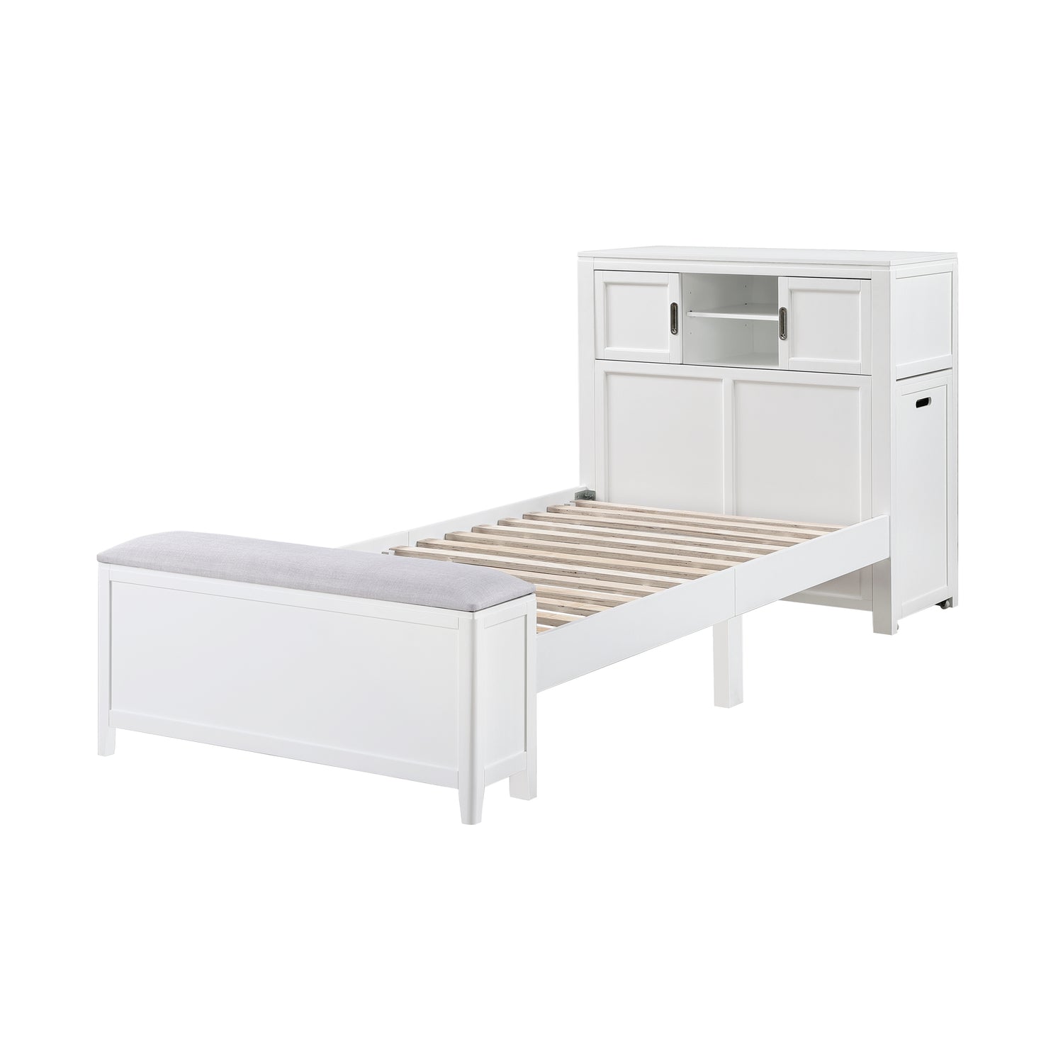 B2024WHBC-1* (2) Twin Bookcase Bed with Hidden Desk, Stool and Storage Bench - B2024WHBC-1*