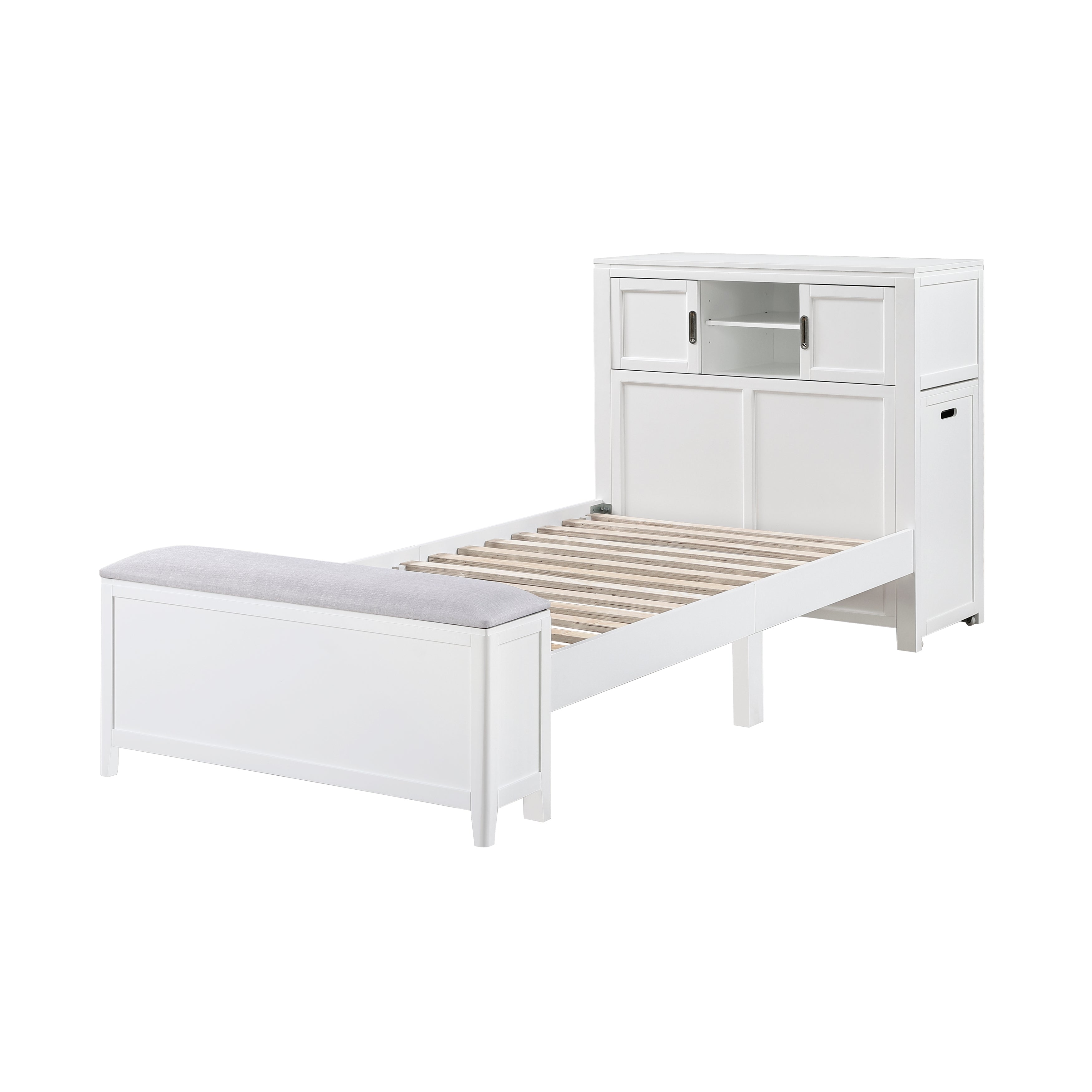 B2024WHBC-1* (2) Twin Bookcase Bed with Hidden Desk, Stool and Storage Bench - B2024WHBC-1*