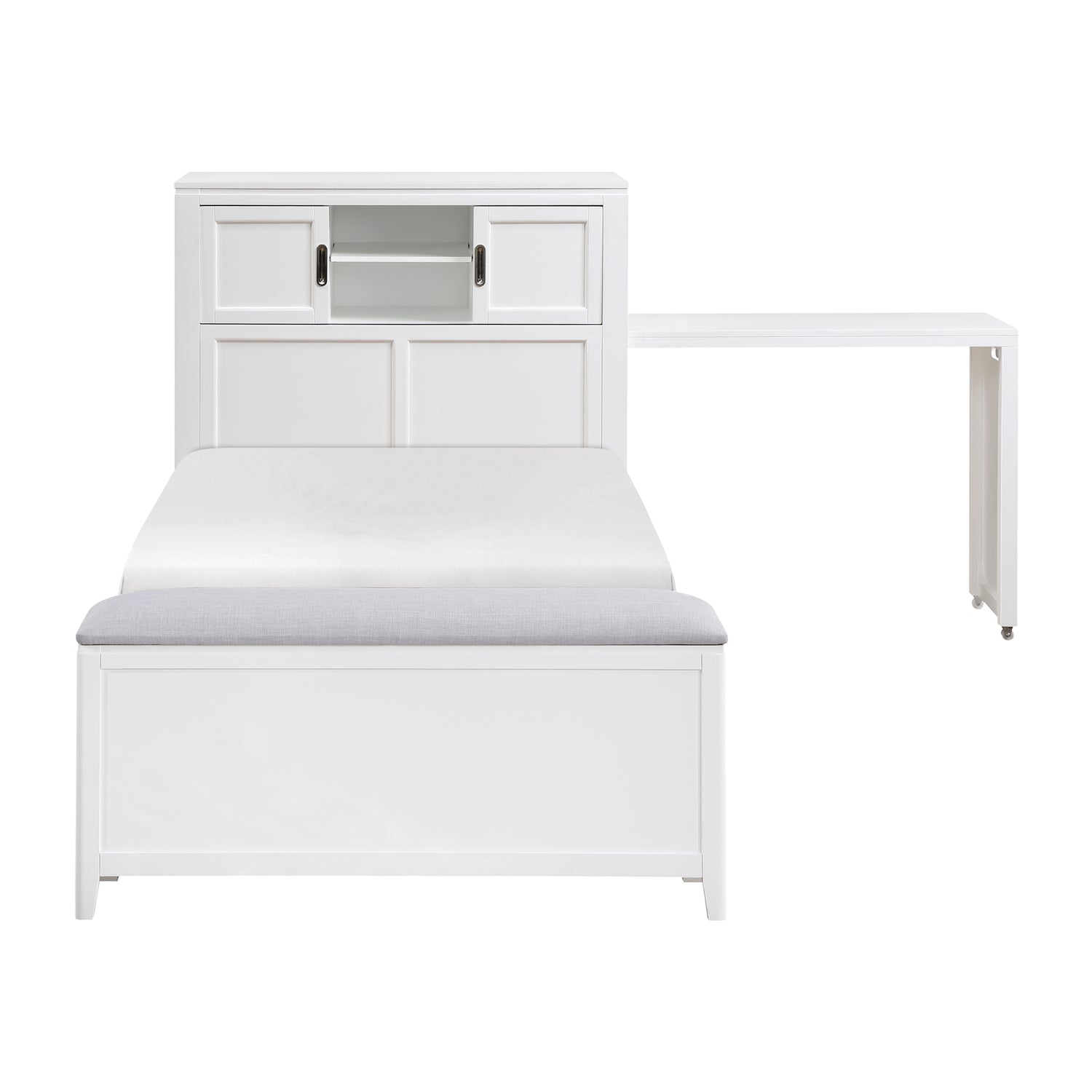 B2024WHBC-1* (2) Twin Bookcase Bed with Hidden Desk, Stool and Storage Bench - B2024WHBC-1*