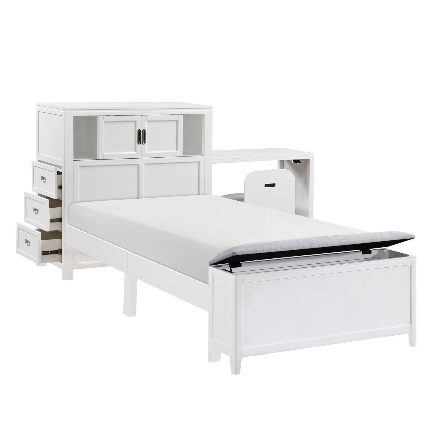 B2024WHBC-1* (2) Twin Bookcase Bed with Hidden Desk, Stool and Storage Bench - B2024WHBC-1*