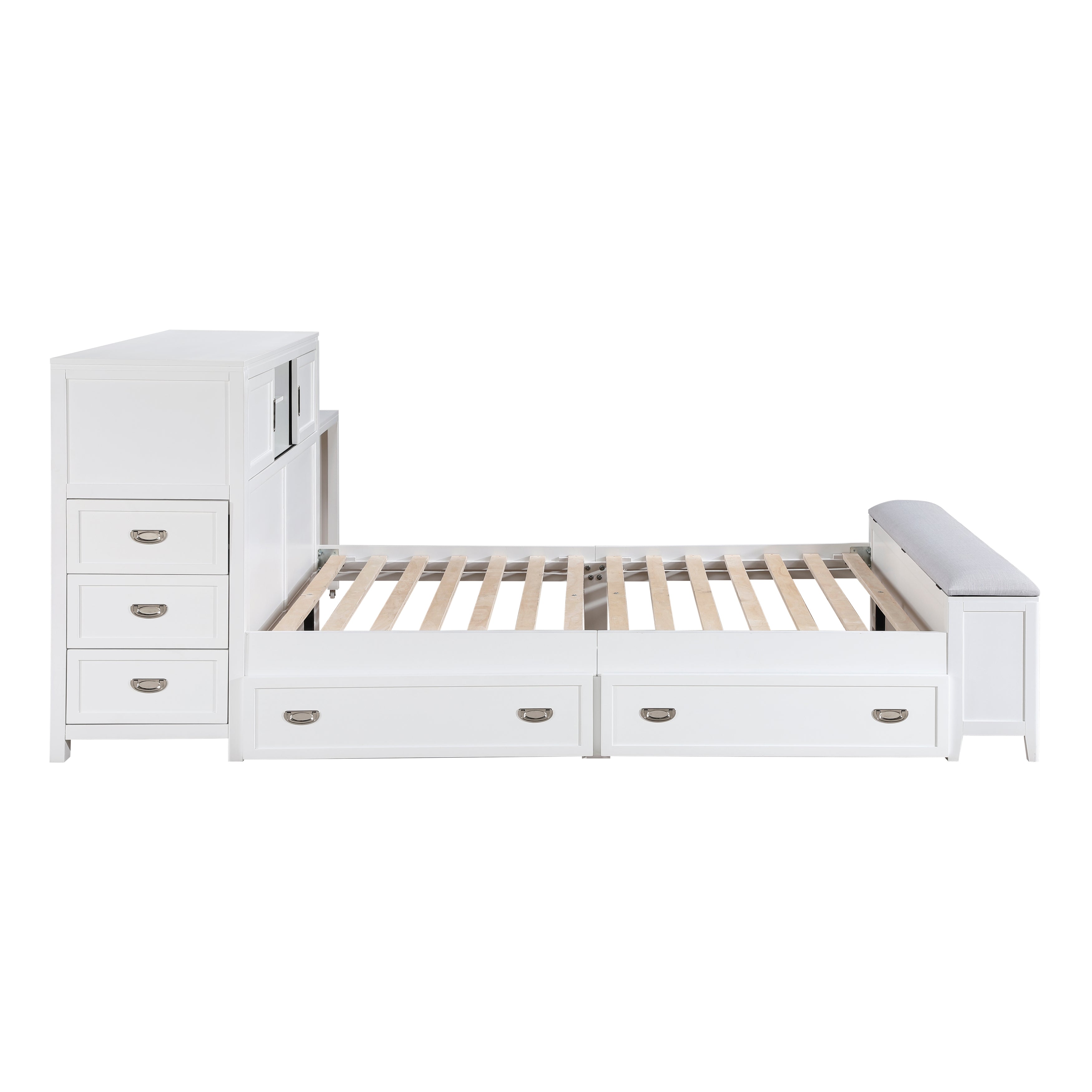 B2024WHBCF-1* (2) Full Bookcase Bed with Hidden Desk, Stool and Storage Bench - B2024WHBCF-1*