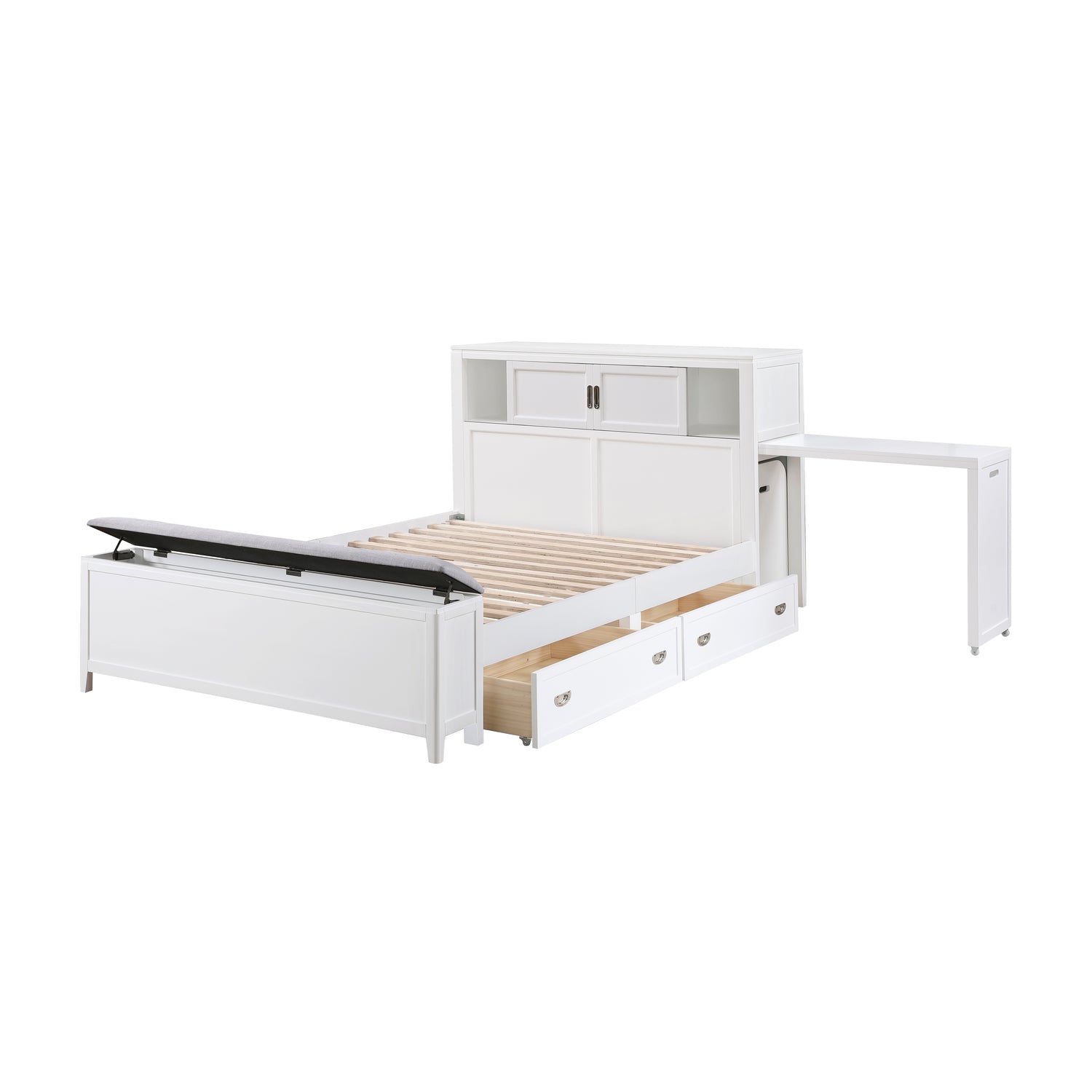 B2024WHBCF-1* (2) Full Bookcase Bed with Hidden Desk, Stool and Storage Bench - B2024WHBCF-1*