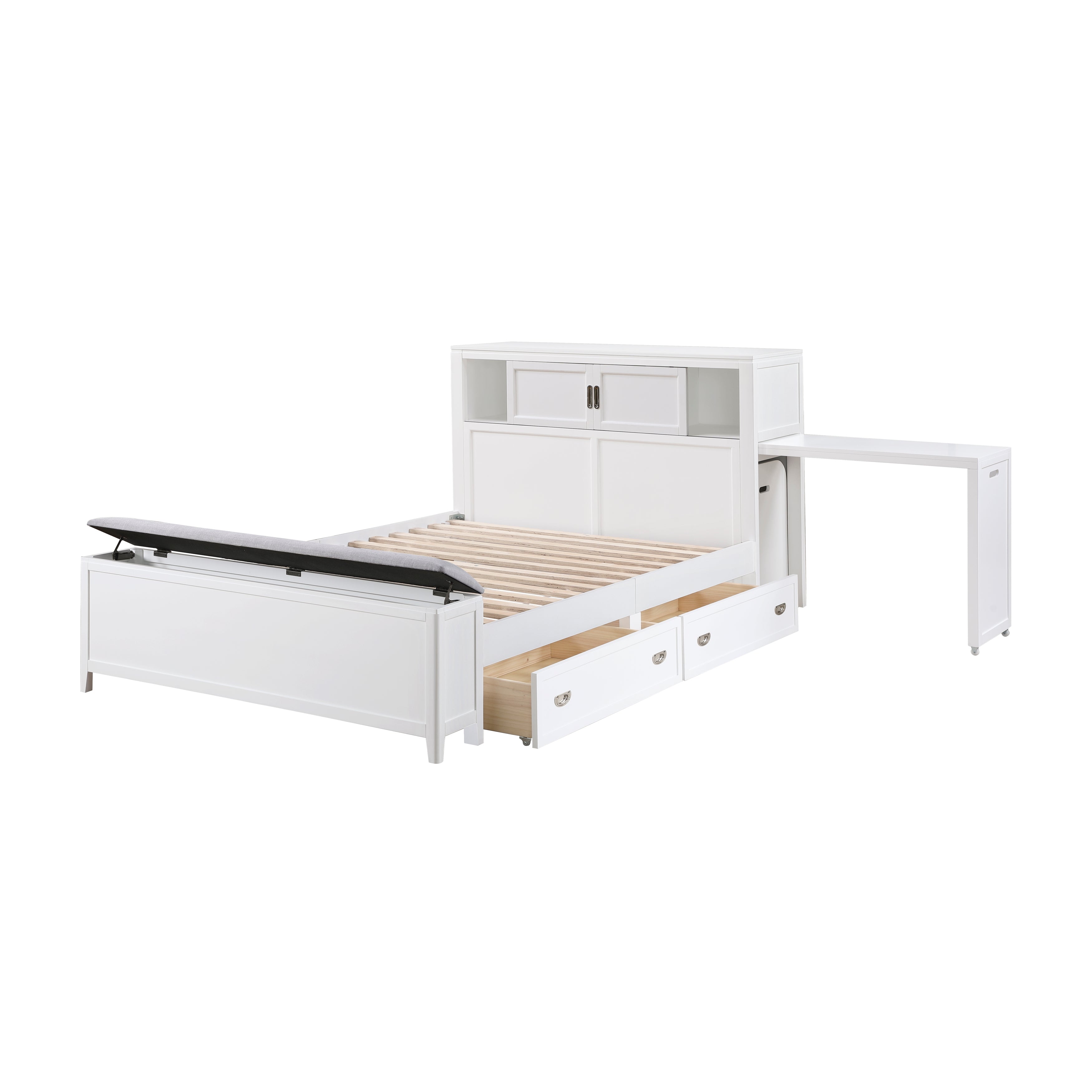 B2024WHBCF-1* (2) Full Bookcase Bed with Hidden Desk, Stool and Storage Bench - B2024WHBCF-1*