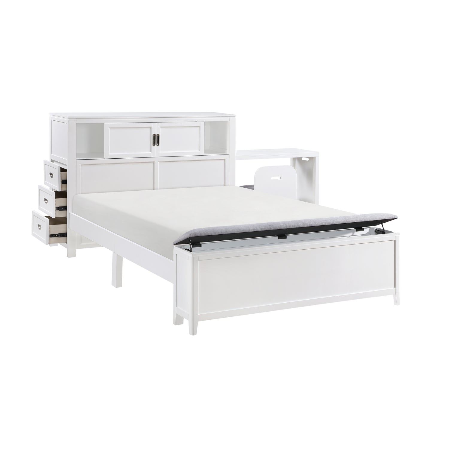 B2024WHBCF-1* (2) Full Bookcase Bed with Hidden Desk, Stool and Storage Bench - B2024WHBCF-1*