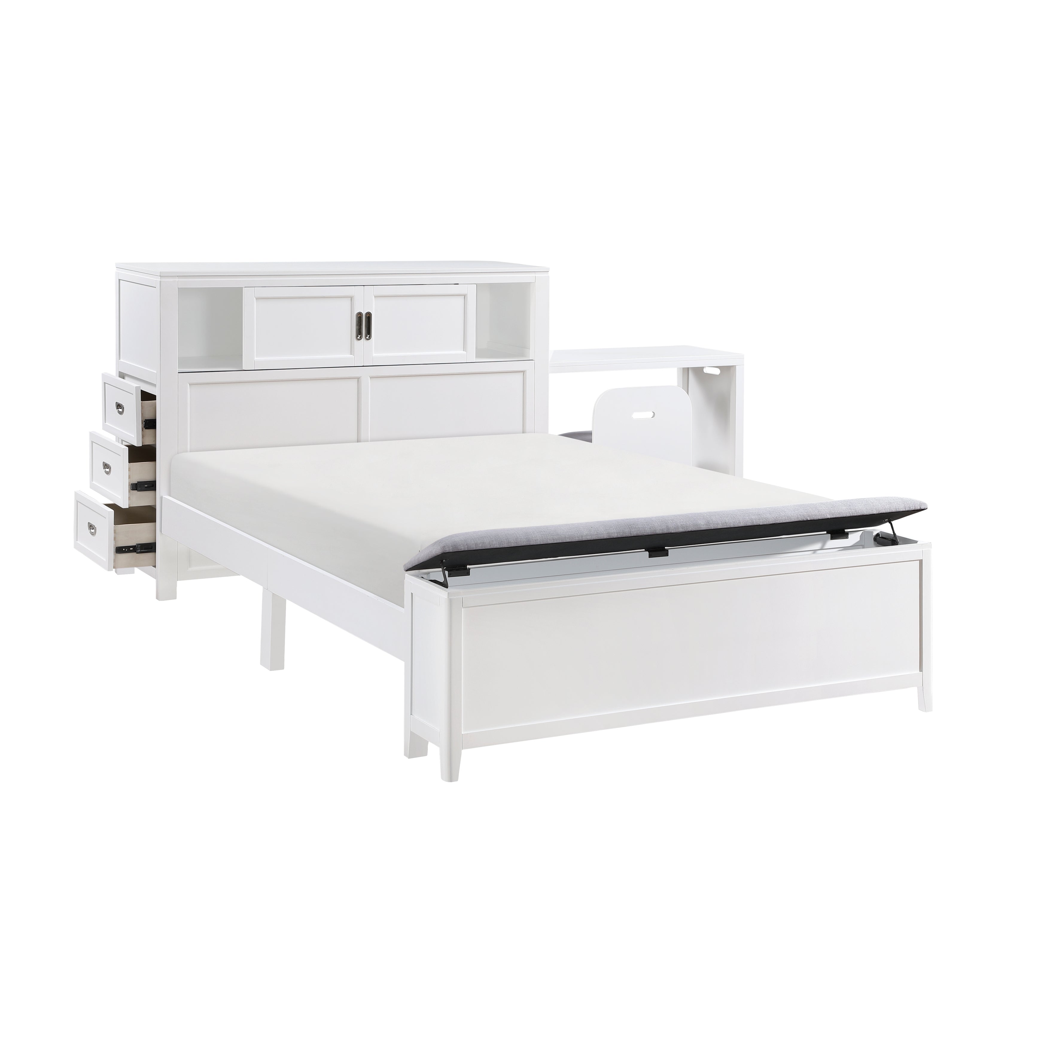 B2024WHBCF-1* (2) Full Bookcase Bed with Hidden Desk, Stool and Storage Bench - B2024WHBCF-1*