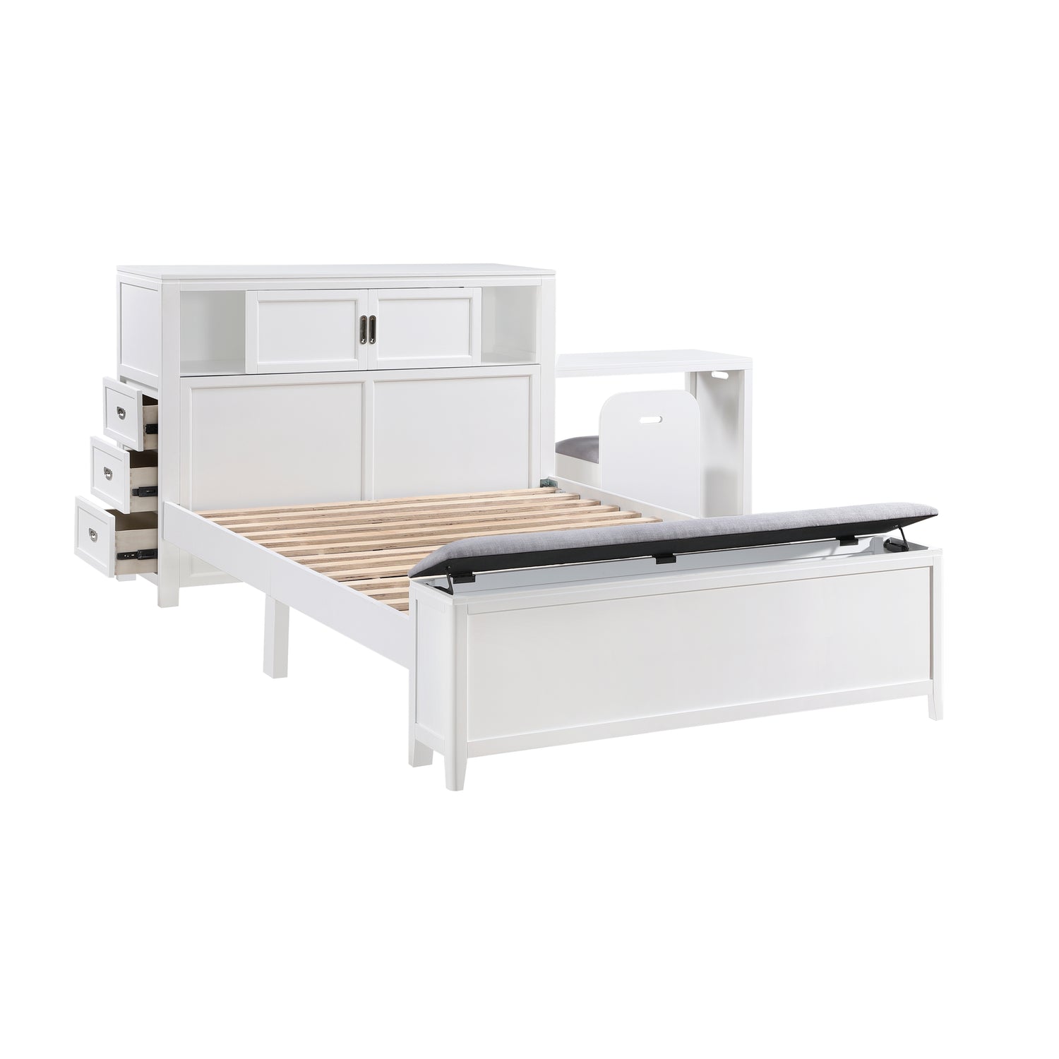 B2024WHBCF-1* (2) Full Bookcase Bed with Hidden Desk, Stool and Storage Bench - B2024WHBCF-1*