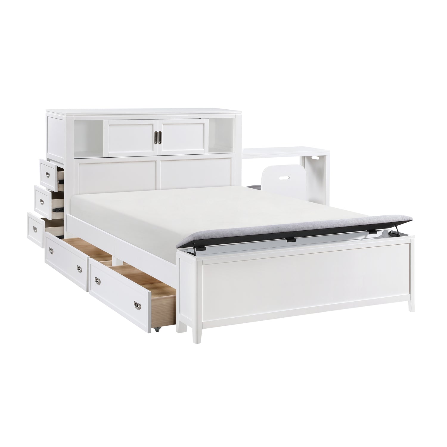 B2024WHBCF-1* (2) Full Bookcase Bed with Hidden Desk, Stool and Storage Bench - B2024WHBCF-1*