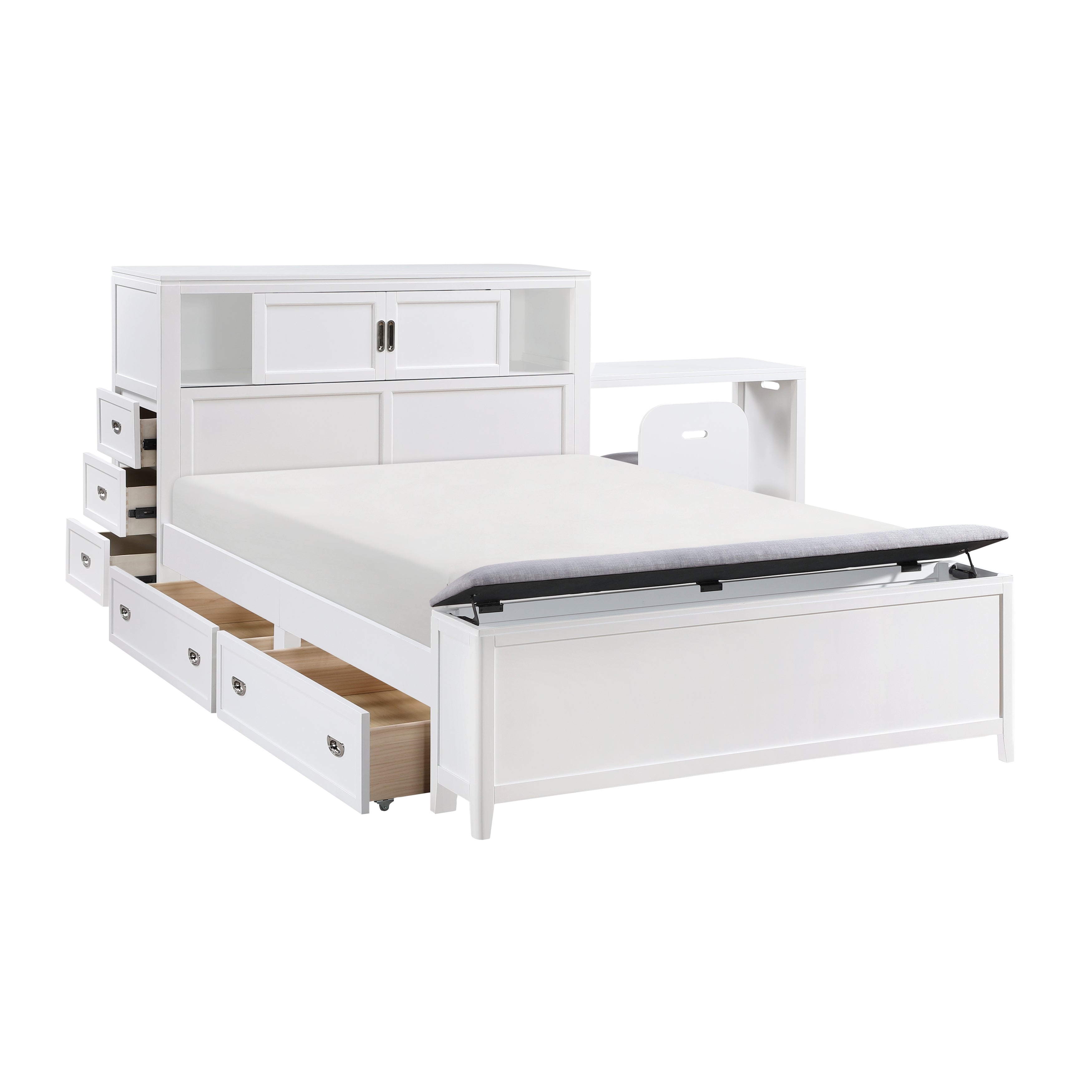 B2024WHBCF-1* (2) Full Bookcase Bed with Hidden Desk, Stool and Storage Bench - B2024WHBCF-1*