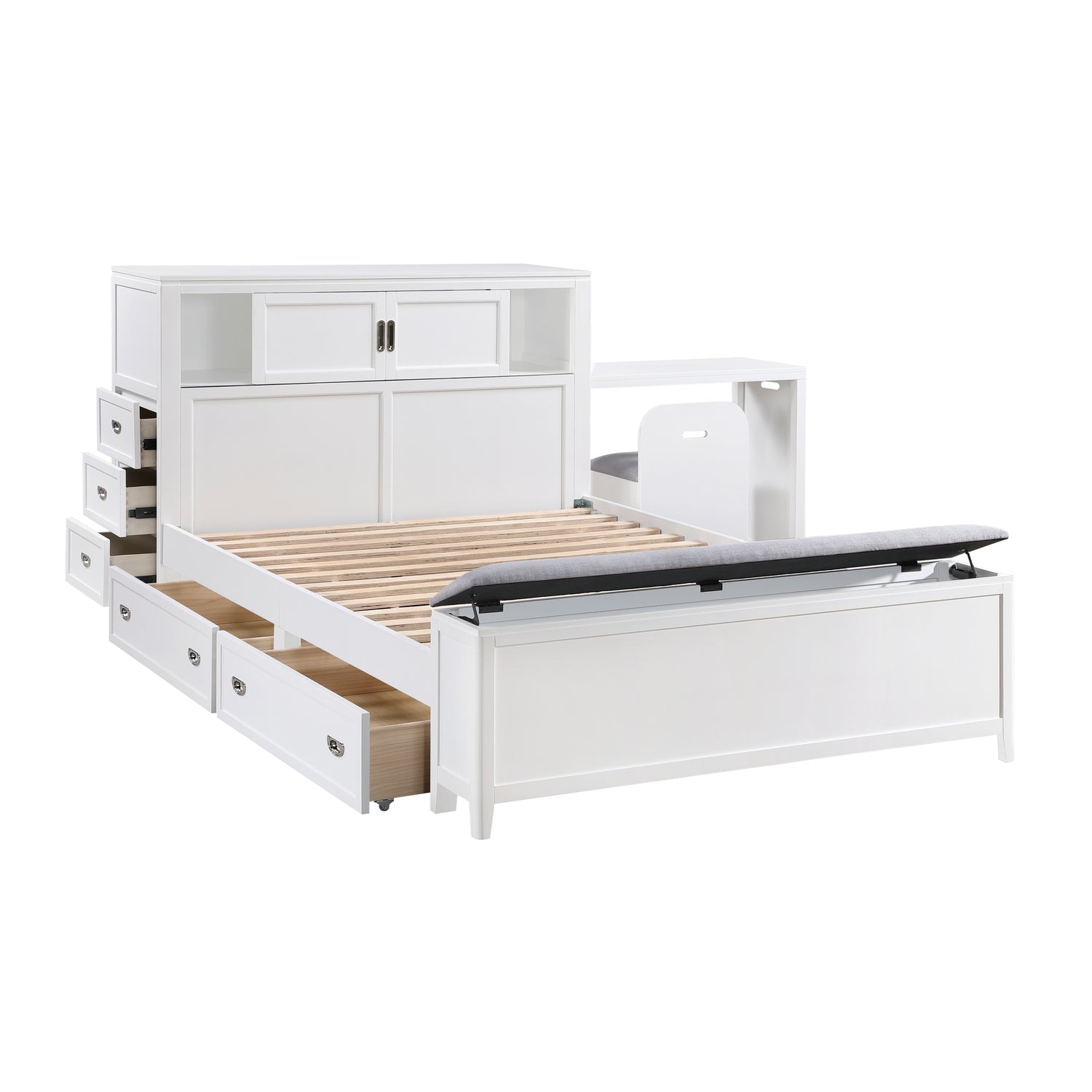 B2024WHBCF-1* (2) Full Bookcase Bed with Hidden Desk, Stool and Storage Bench - B2024WHBCF-1*