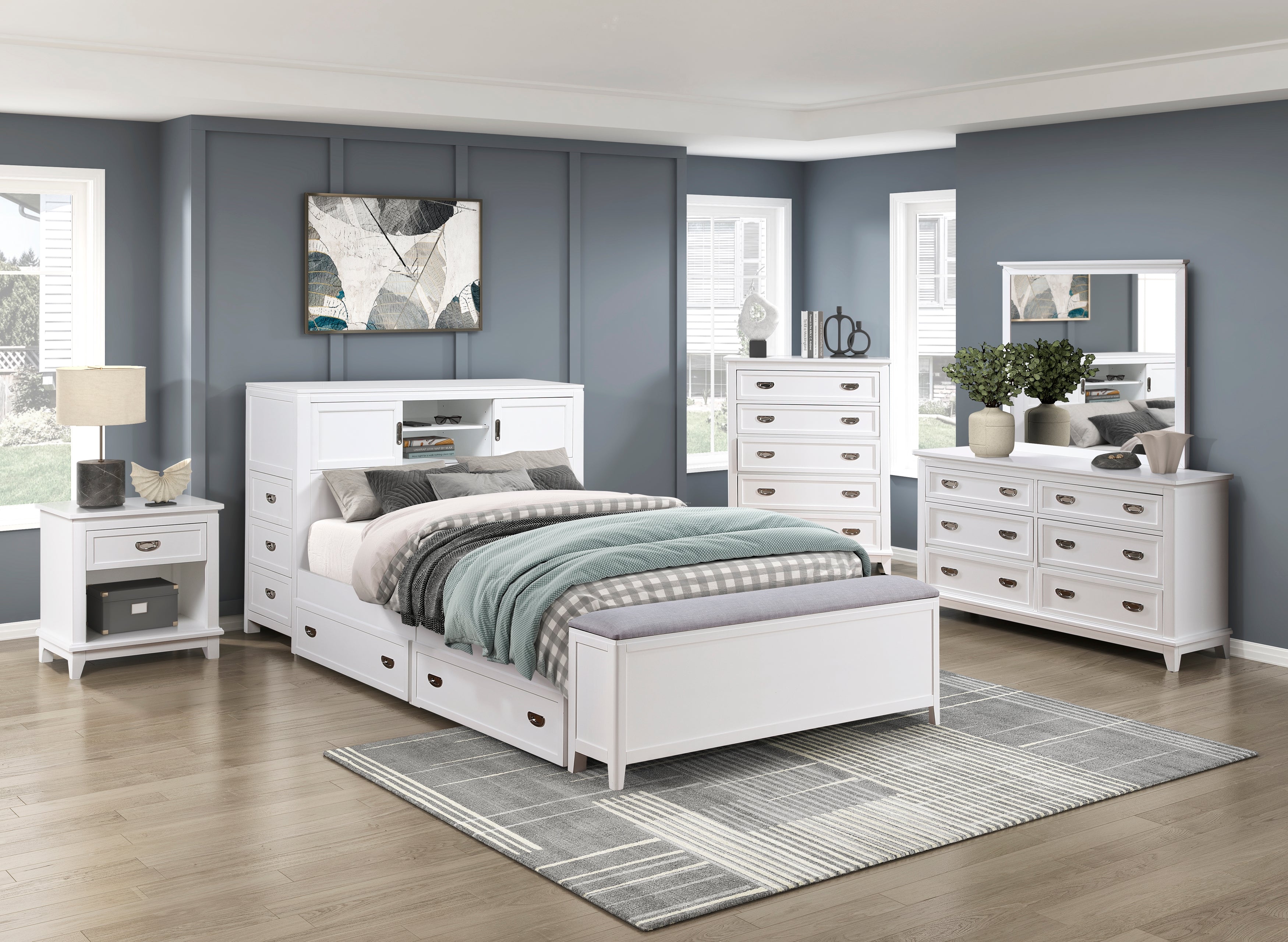 B2024WHBCF-1* (2) Full Bookcase Bed with Hidden Desk, Stool and Storage Bench - B2024WHBCF-1*