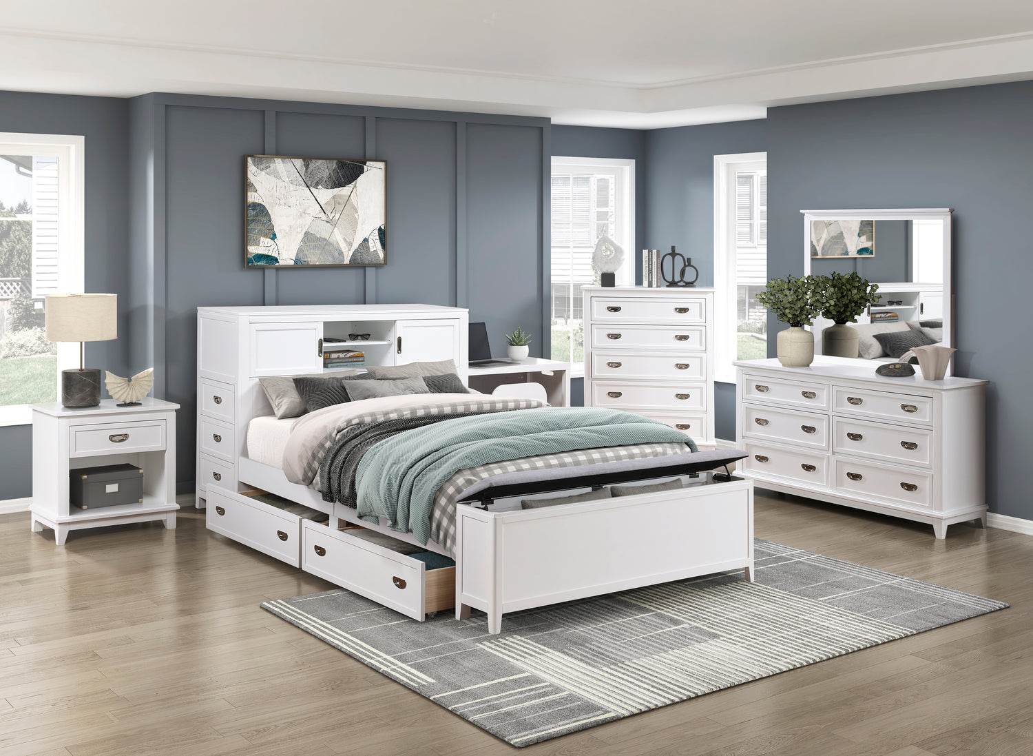 B2024WHBCF-1* (2) Full Bookcase Bed with Hidden Desk, Stool and Storage Bench - B2024WHBCF-1*