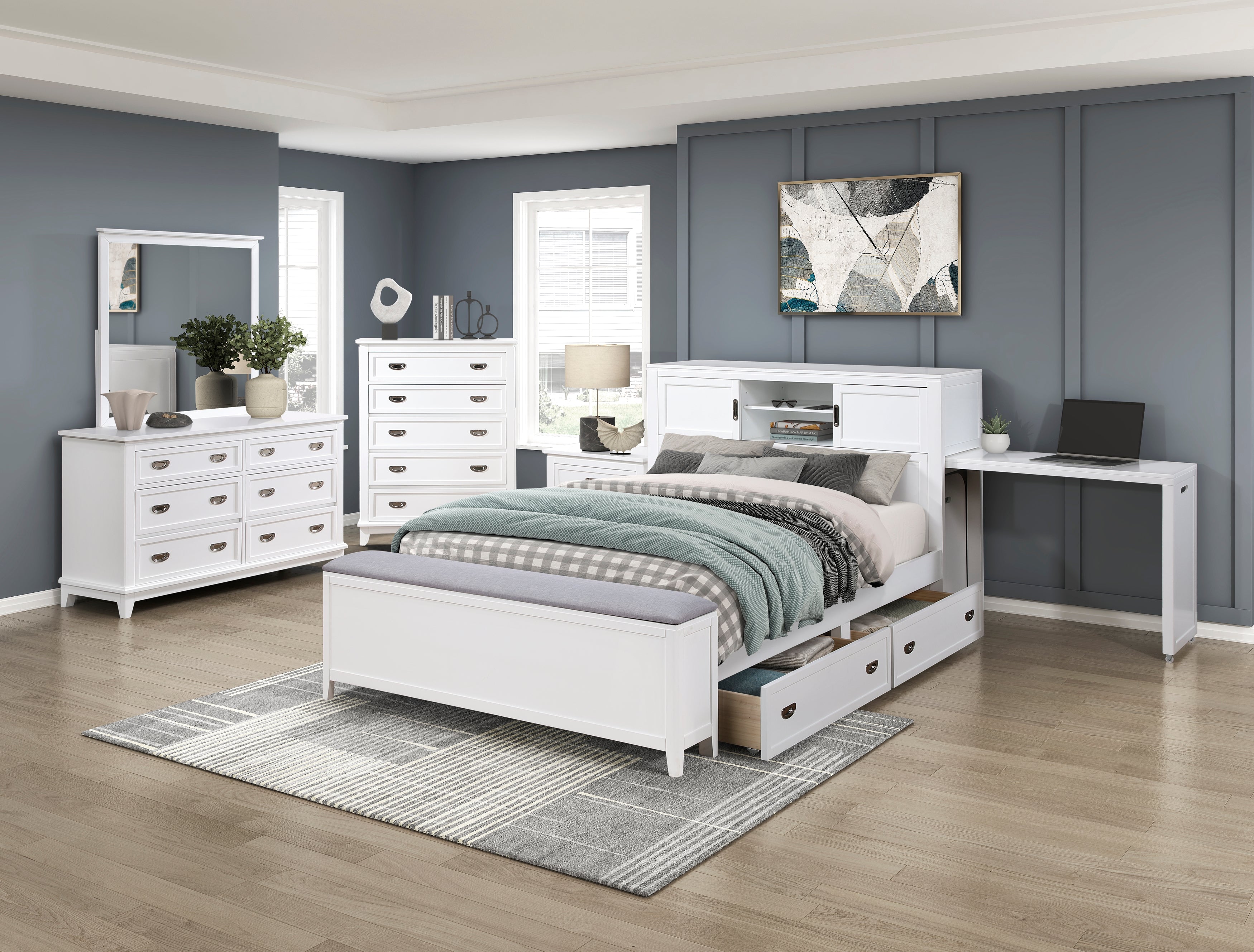 B2024WHBCF-1* (2) Full Bookcase Bed with Hidden Desk, Stool and Storage Bench - B2024WHBCF-1*