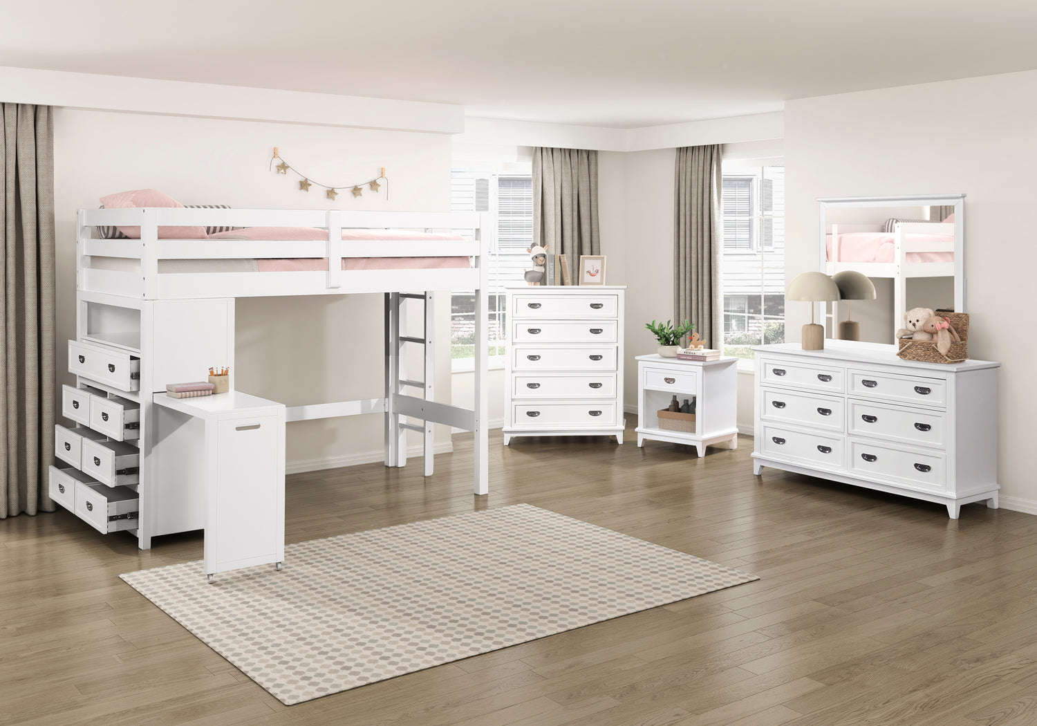 B2024WHLTF-1* (6) Twin/Full Loft Bunk Bed with Chest and Hidden Desk - B2024WHLTF-1*