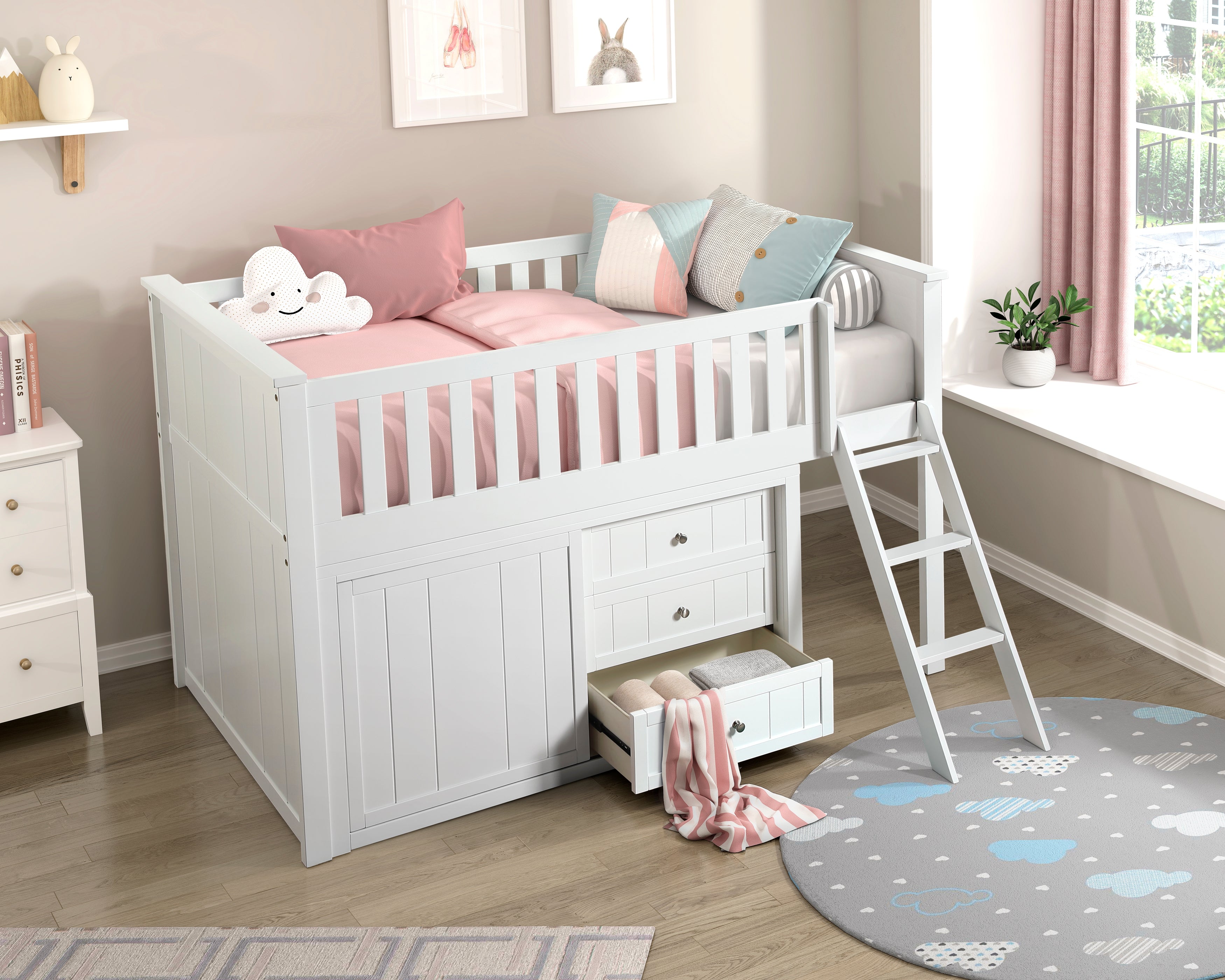 B2053LLW-1*DR (4) Low Loft Bunk with Dresser - B2053LLW-1*DR