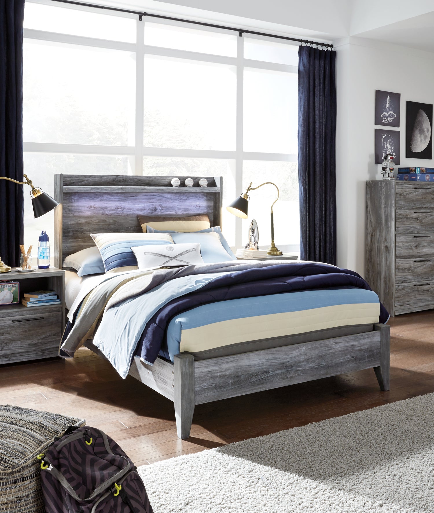Baystorm Gray Full Panel Bed, Dresser, Mirror and Chest - B221B80