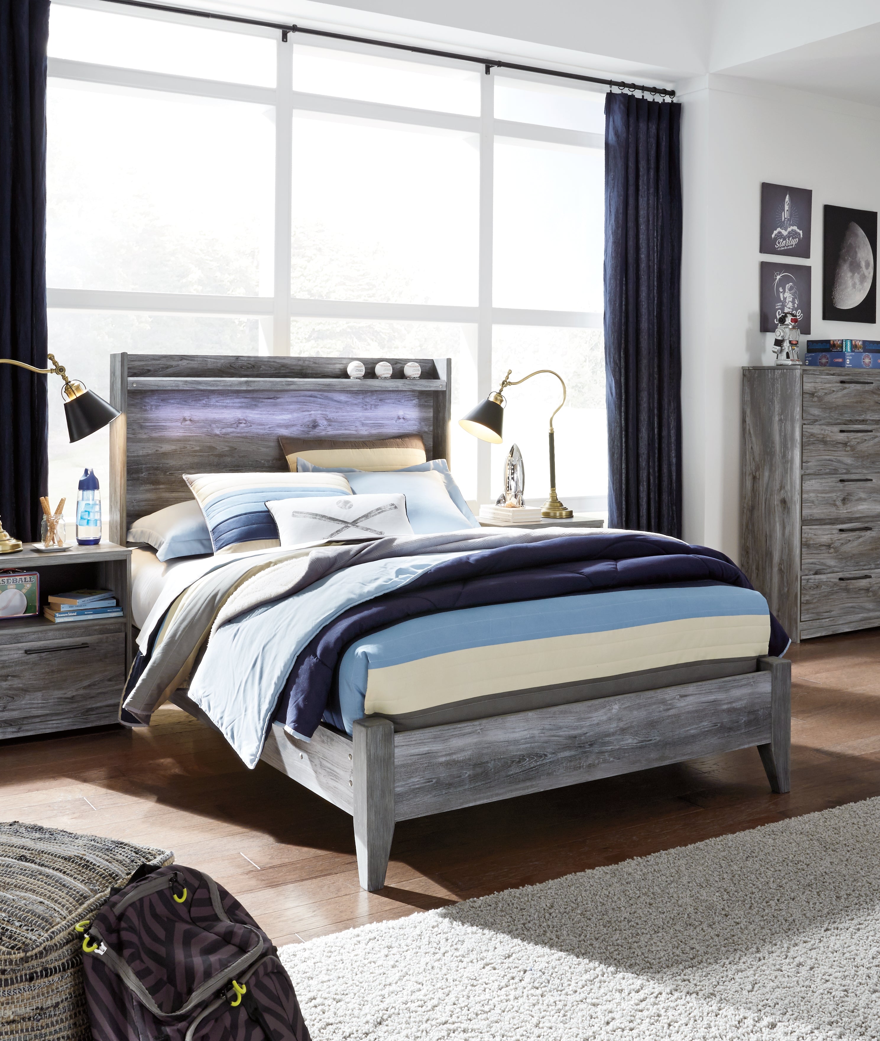 Baystorm Gray Full Panel Bed, Dresser, Mirror and Chest - B221B80