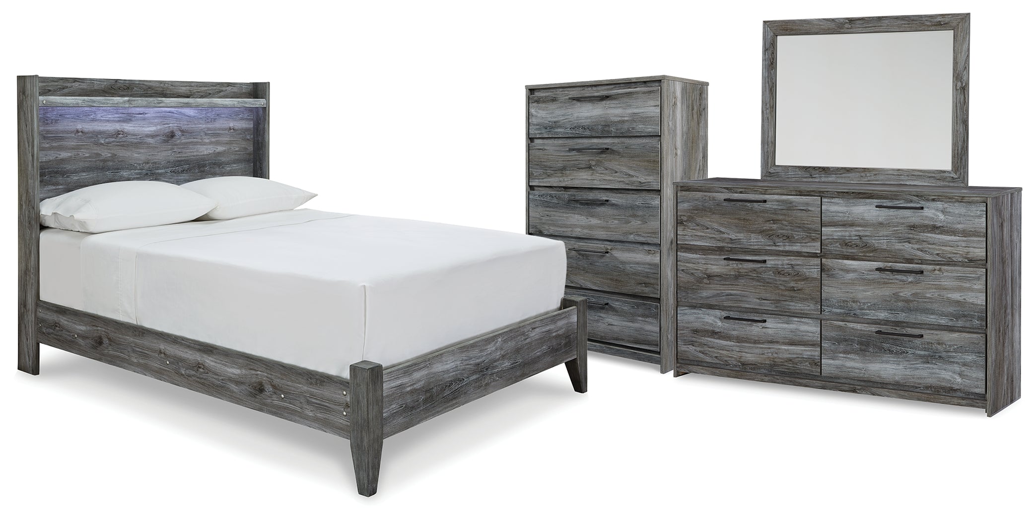 Baystorm Gray Full Panel Bed, Dresser, Mirror and Chest - B221B80