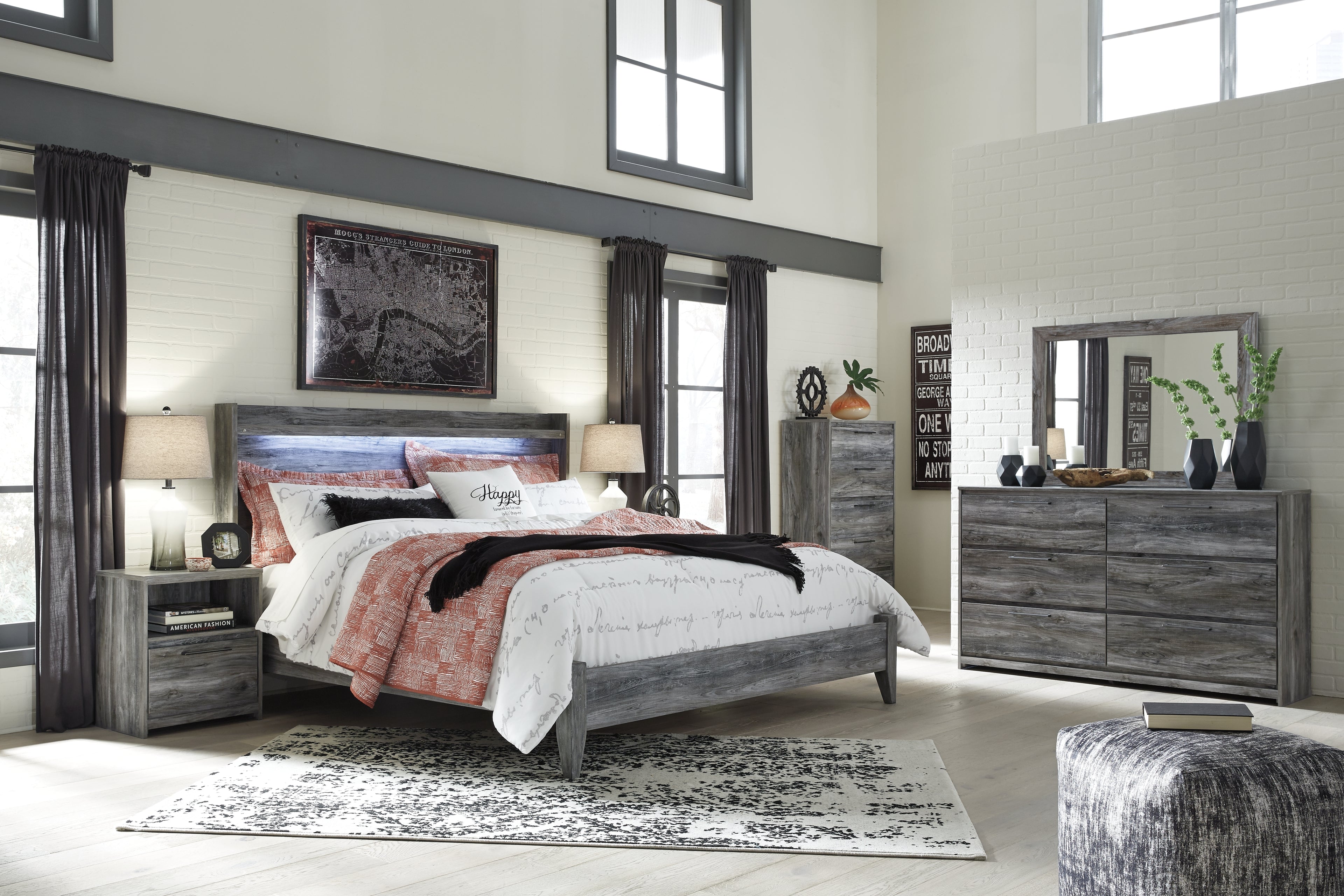 Baystorm Gray King Panel Bed, Dresser, Mirror, Chest and 2 Nightstands - B221B53