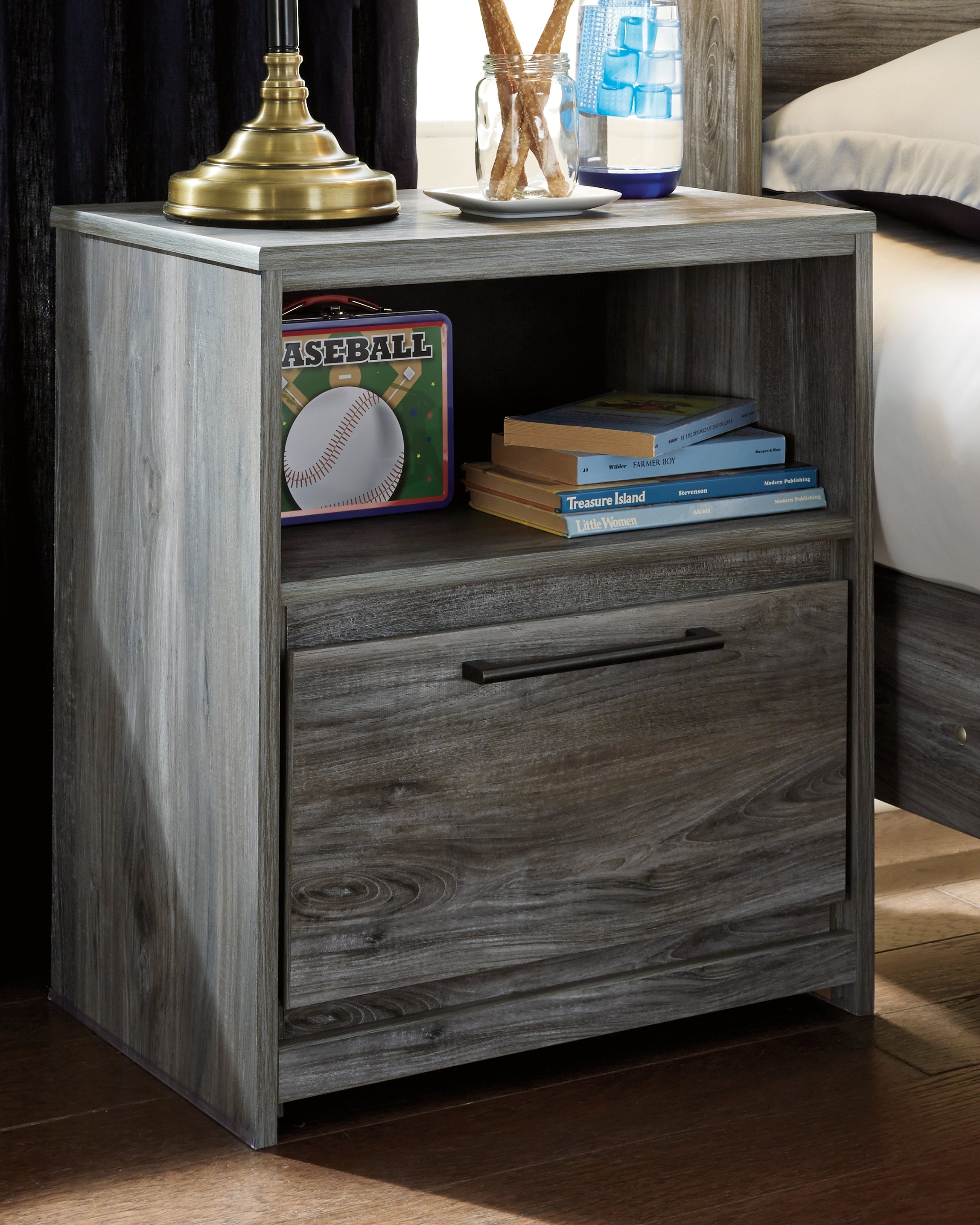 Baystorm Gray King Panel Storage Bed and 2 Nightstands - B221B55