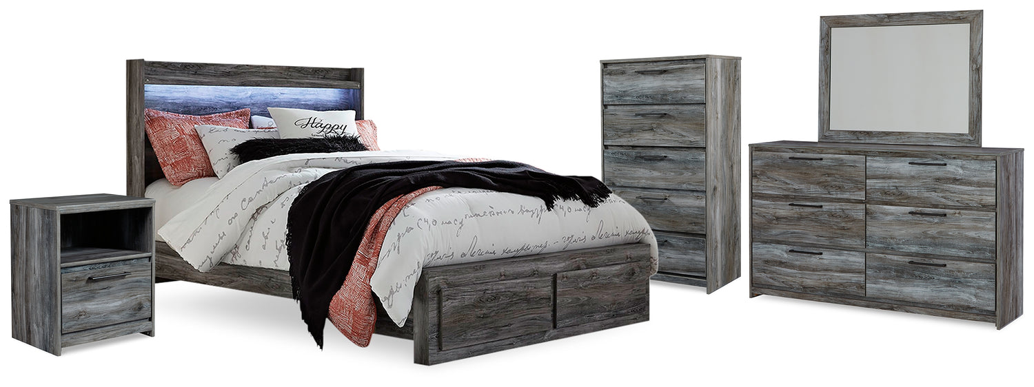 Baystorm Gray Queen Panel Storage Bed, Dresser, Mirror, Chest and 2 Nightstands - B221B57