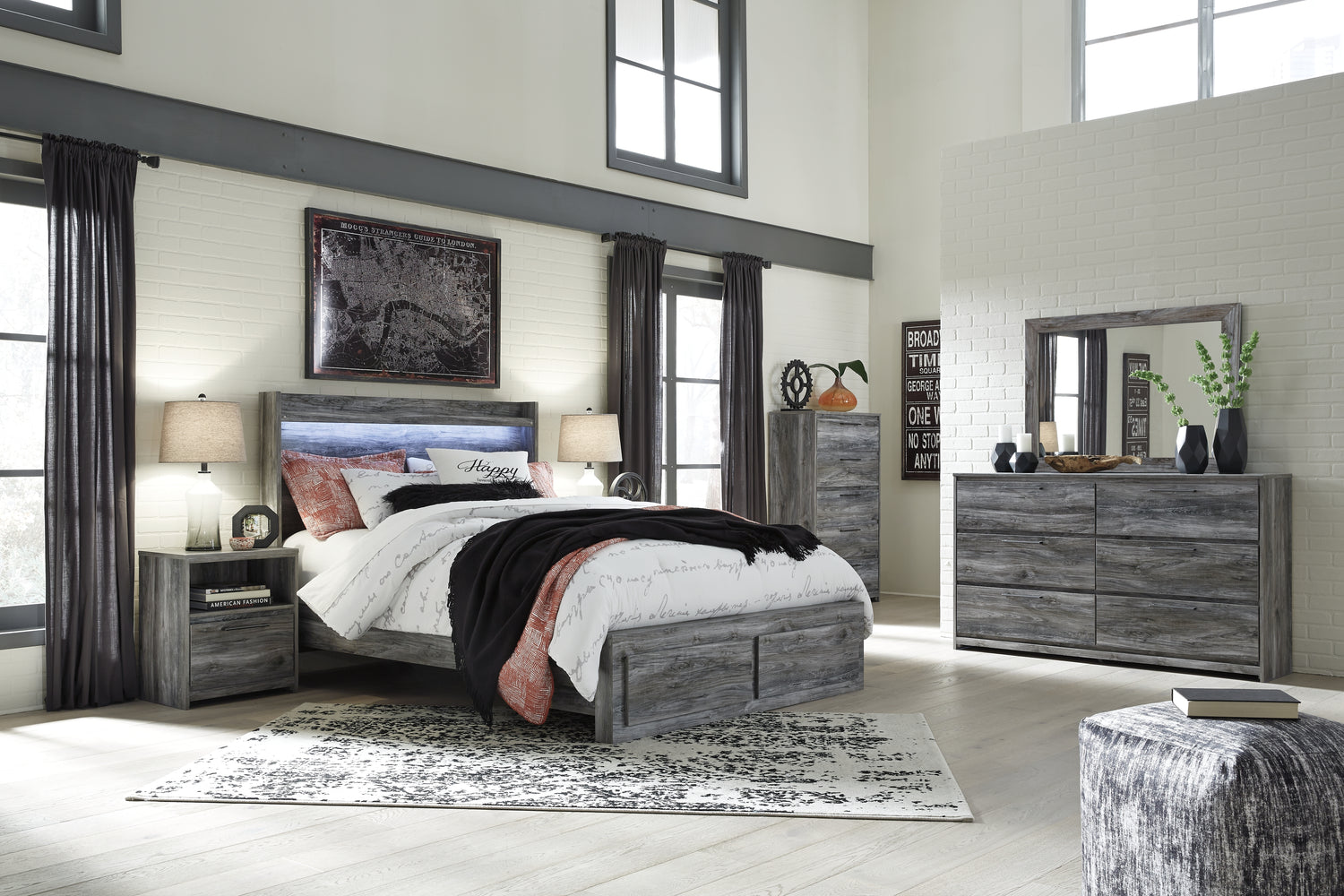 Baystorm Gray Queen Panel Storage Bed, Dresser, Mirror, Chest and 2 Nightstands - B221B57