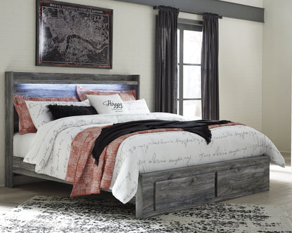 Baystorm King Panel Bed with 2 Storage Drawers with Mirrored Dresser, and Nightstand in Gray - PKG014039