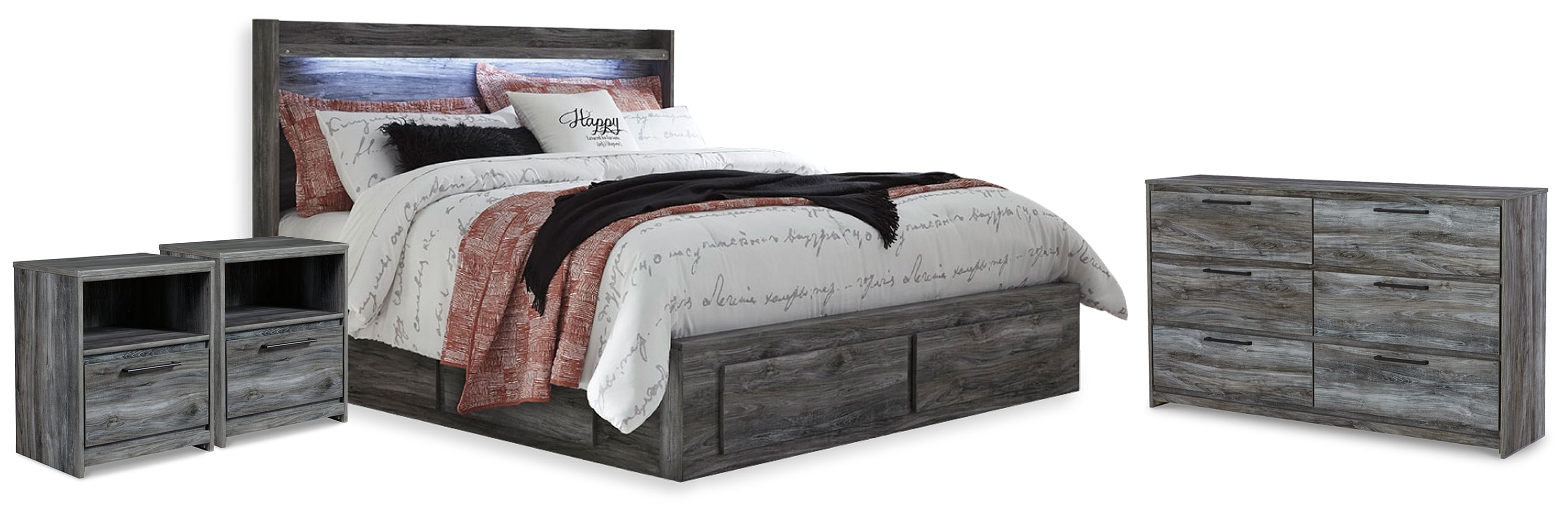 Baystorm King Storage Bed, Dresser and 2 Nightstands - B221B85