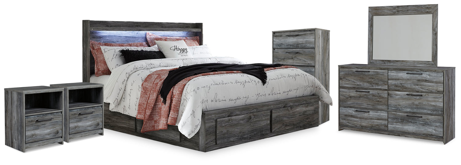 Baystorm King Storage Bed, Dresser, Mirror, Chest and 2 Nightstands - B221B86