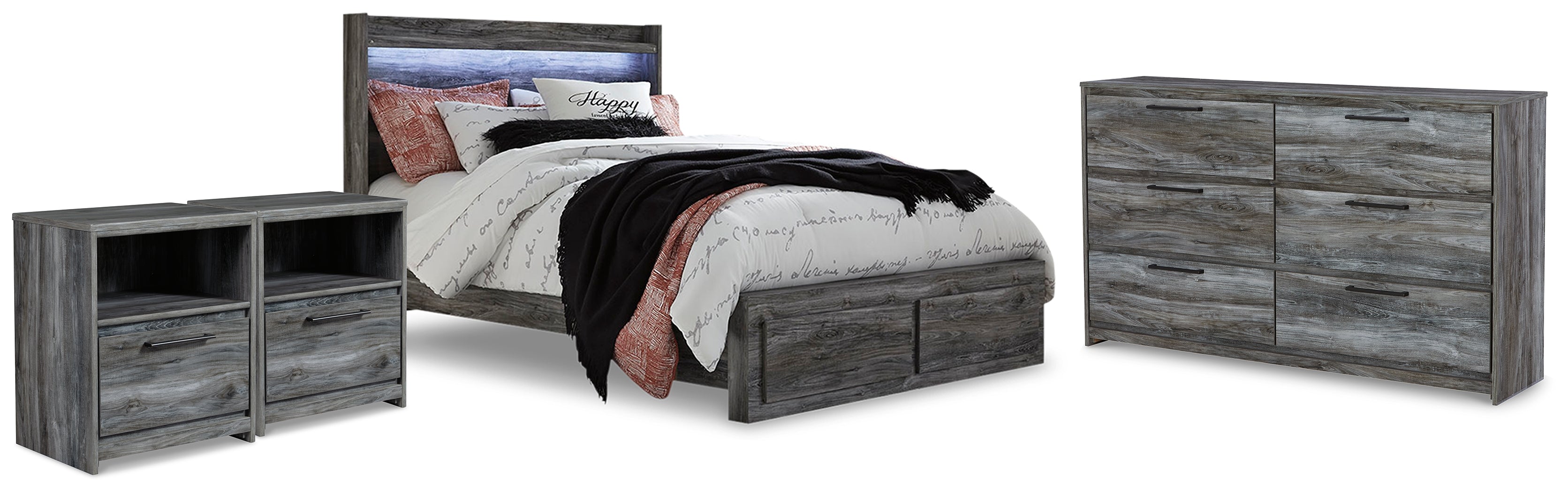 Baystorm Queen Panel Storage Bed, Dresser and 2 Nightstands - B221B88