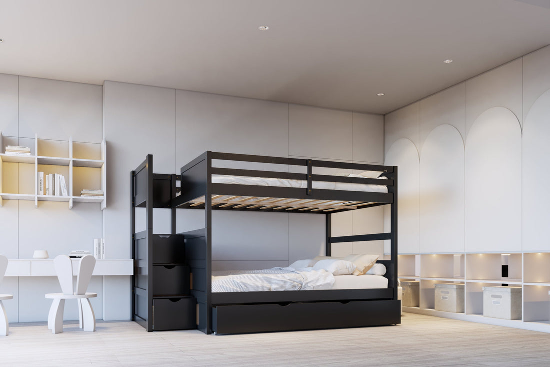 BB52 FULL/FULL Bunk Bed w/Twin Trundle + Staircase Storage - B52 BLACK