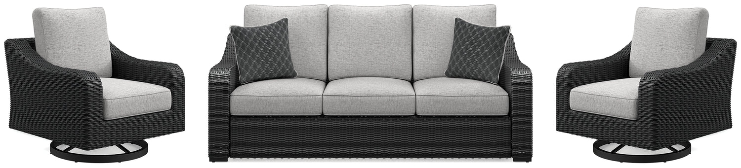 Beachcroft Black/Light Gray Outdoor Sofa and 2 Lounge Chairs - P792P8