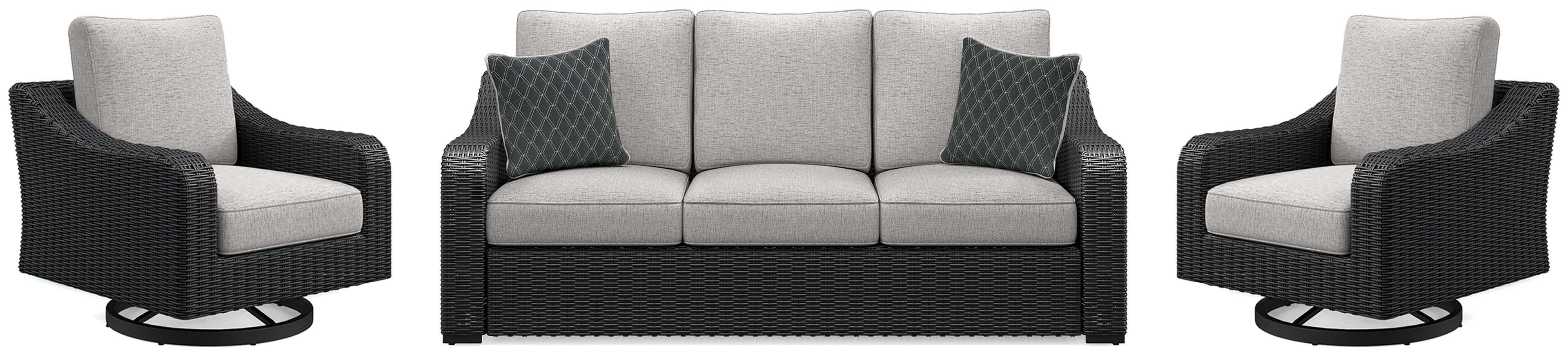 Beachcroft Black/Light Gray Outdoor Sofa and 2 Lounge Chairs - P792P8