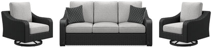 Beachcroft Black/Light Gray Outdoor Sofa and 2 Lounge Chairs - P792P8