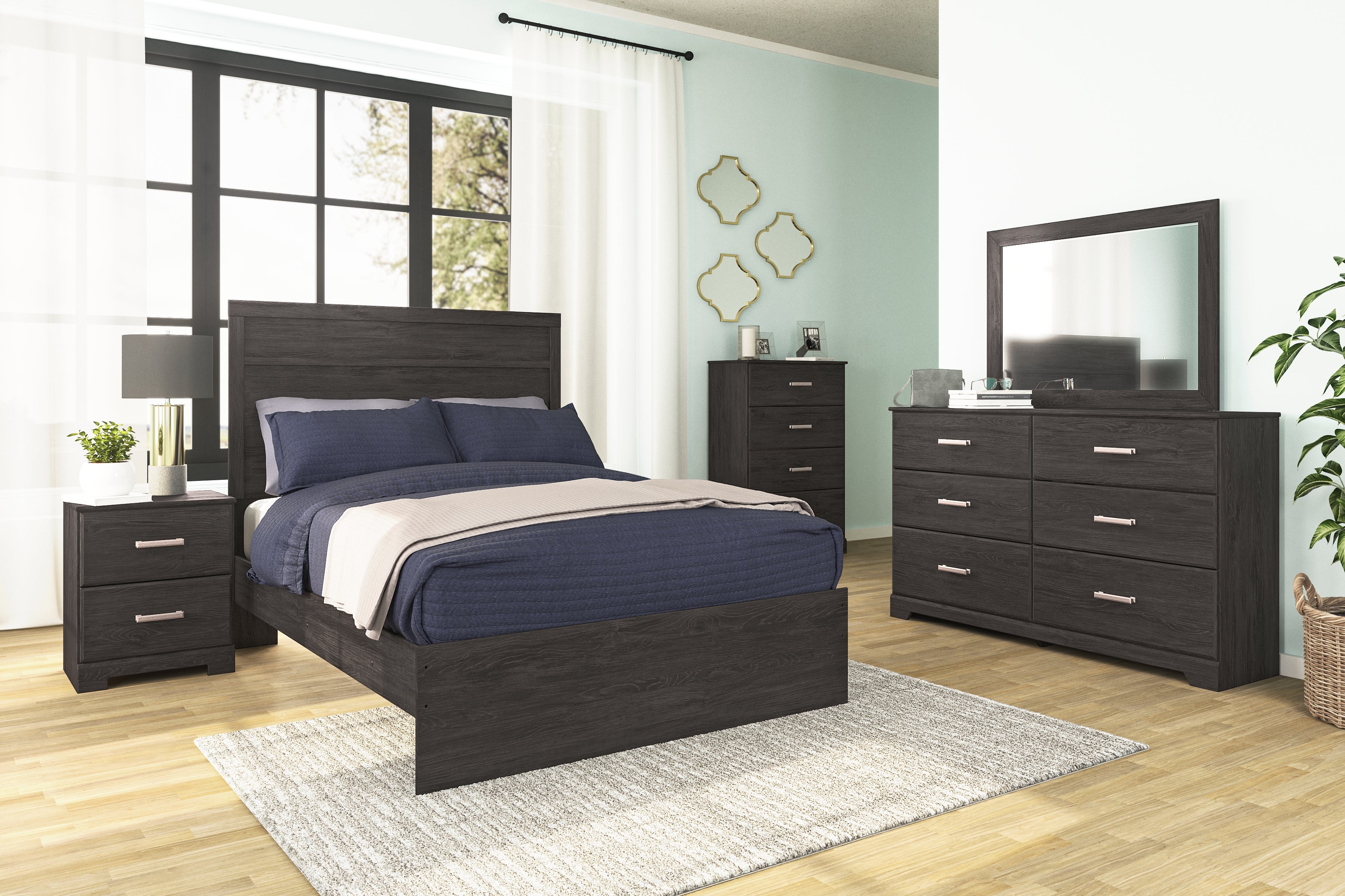 Belachime Full Panel Bed with Mirrored Dresser and Chest in Charcoal - PKG018415