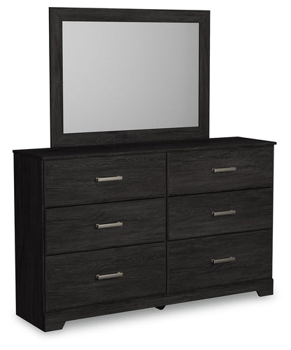 Belachime King Panel Bed with Mirrored Dresser and Nightstand in Charcoal - PKG018405