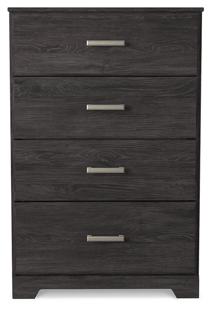 Belachime King Panel Bed with Mirrored Dresser, Chest and Nightstand in Charcoal - PKG018407