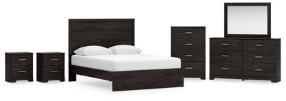 Belachime Queen Panel Bed with Mirrored Dresser, Chest and 2 Nightstands in Charcoal - PKG018395