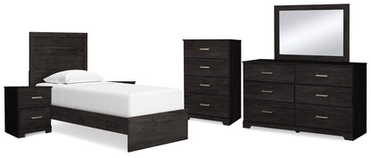 Belachime Twin Panel Bed with Mirrored Dresser, Chest and 2 Nightstands in Charcoal - PKG015999