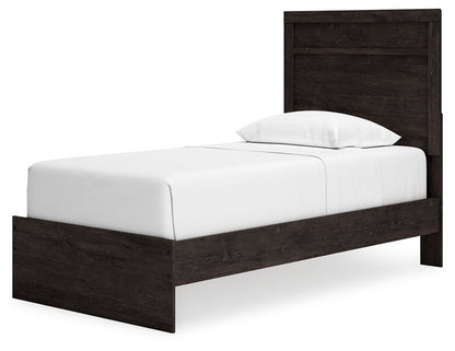 Belachime Twin Panel Bed with Mirrored Dresser, Chest and 2 Nightstands in Charcoal - PKG015999