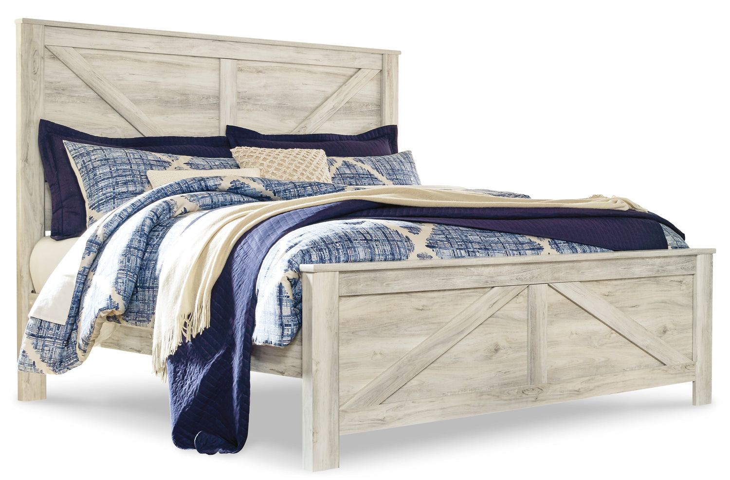 Bellaby King Crossbuck Panel Bed with Mirrored Dresser, Chest and Nightstand in Whitewash from Ashley - Luna Furniture