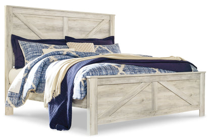 Bellaby King Crossbuck Panel Bed with Mirrored Dresser, Chest and Nightstand in Whitewash from Ashley - Luna Furniture