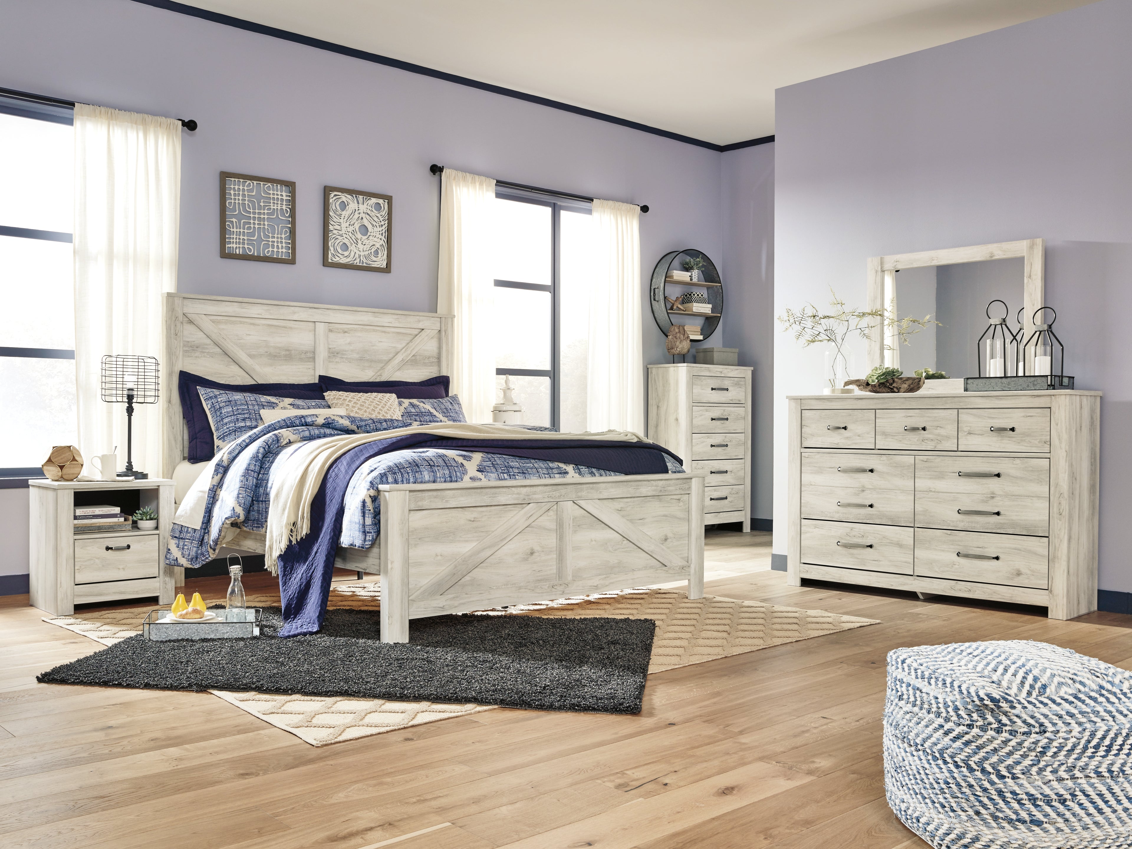 Bellaby King Crossbuck Panel Bed with Mirrored Dresser, Chest and Nightstand in Whitewash from Ashley - Luna Furniture